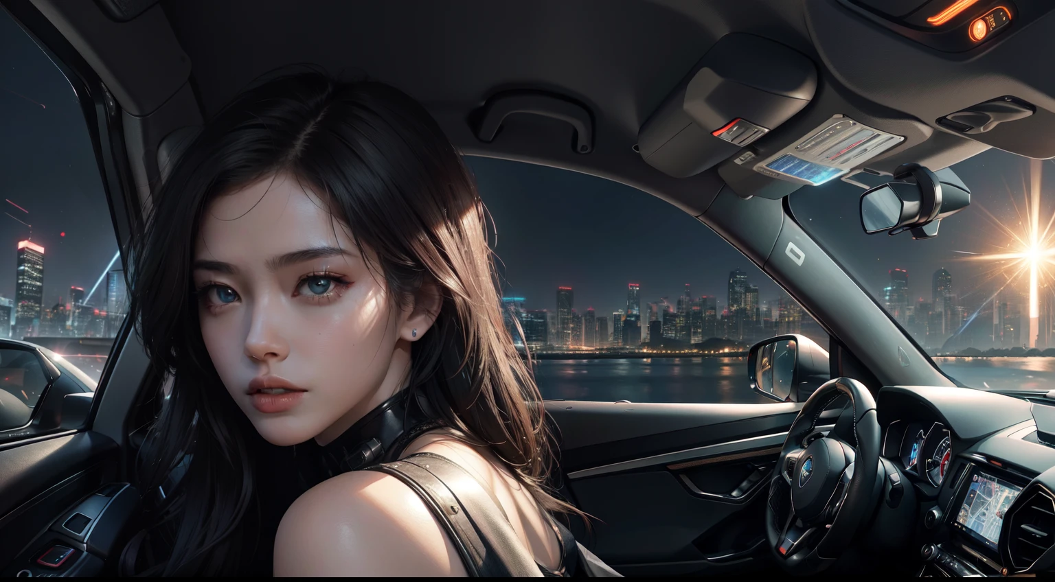 Cyberpunk city background--s1000,Wandering Earth,The Car,Double eyelids 1 girl,Save the world,extreme light,laser,Perfect hair,Perfect facial details,perfect facial expression,Perfect skin,True skin texture,Shoulders exposed,Technological equipment,Faraway view,Full body -- seed 900985