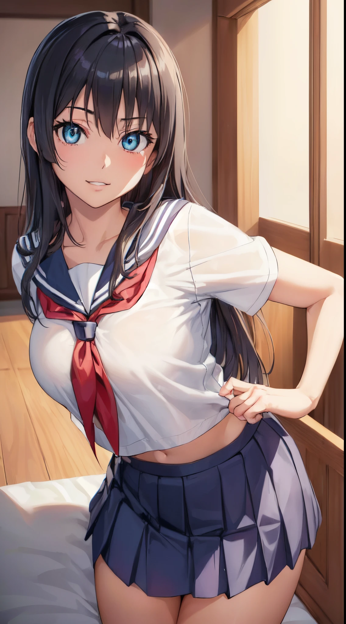 Okay, Satin Ruiko, Black hair, Blue eyes, Long hair, Hair Ornament, frower ornament,(Tsurime:1.4), (medium breasts:1.3),(parted_Lips:1.4),
Blake Blue Skirt, Pleated skirt, Sakugawa School Uniform, School uniform, serafuku, Skirt, Summer uniform,(Smirk),Gravure Pose,
Looking at Viewer,
(inside the house,crass room),
BREAK ((masutepiece:1.5),very precise details,Ultra High Resolution,the Extremely Detailed CG Unity 8K Wallpapers,(Realistic,Photorealsitic,hyper realisitic:1.5),(Curve,Model,glamor:1.5),Beautiful breasts,Farbe_aberration,beautiful detailed shadow,Beautiful eyes,Beautiful body,Beautiful skin,beautifull hands,(Aesthetic Anime Eyes:1.4),
 (Illustration:0.8), (Beautiful detailed eyes:1.6), extra detailed face, Perfect Lighting, extremely details CG, (Perfect hands, Perfect Anatomy),