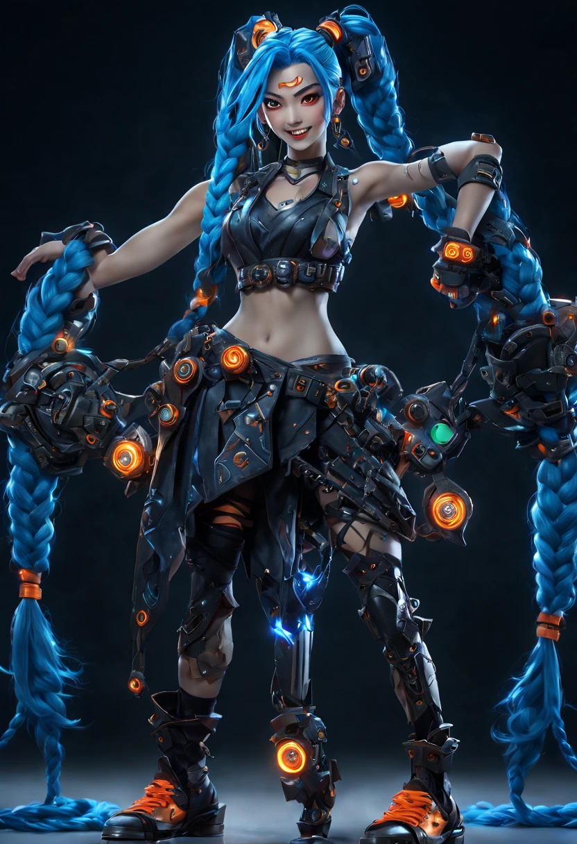 Jinx1024, Game character design，3D character rendering，(((pixar-style)))，League of Legends Jinx，((1girl，(Blue double ponytail: 1.5)，Very long blue braids，Red eyes，big laughter，future warrior，mechanical skirt，(A luminous magazine is tied around the waist: 1.2)，Decorated with luminous lines and rivets，With streamer effect or LED light embellishment，Laser cannon、Ion cannon or pulse cannon))，((hair design：Brilliant deep blue，Add some glowing elements，Futuristic headgear such as orange photoelectric glasses or head-mounted display))，((Expression design：Add some glowing lines or orange LED light effects to the facial decoration，Design different facial expressions，Highlight the image of future warriors))，(action design：On the move、When releasing a skill or attacking，Add some special effects and animations，Highlight the sense of future and combat)，((Special effects design：Add cool orange light effects、Electromagnetic wave effect or virtual interface，Enhance the visual impact of skin)), (((standing on your feet，Metal heels: 1.8, Glowing lines or orange LED light effect))), (full body shot of: 1.5)，jinx (league of legends)