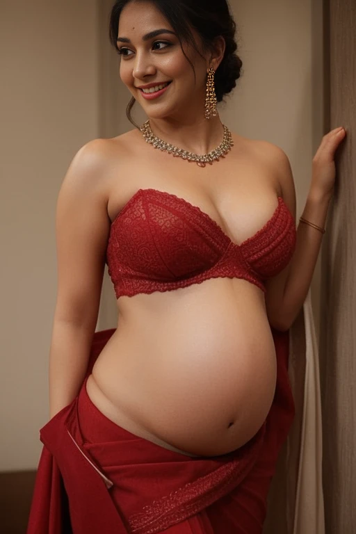 night scene, close up photo of pregnant indian, big cheeks, hourglass figure, swooping breasts, deep cleavage, sexy navel, big raised belly, off shoulder strapless cowl neck lace red saree and bra, deep cut neckline, ponytail hair, necklace, look at viewer and smile, (cinematic:1.3), intricate details, (ArtStation:1.2)