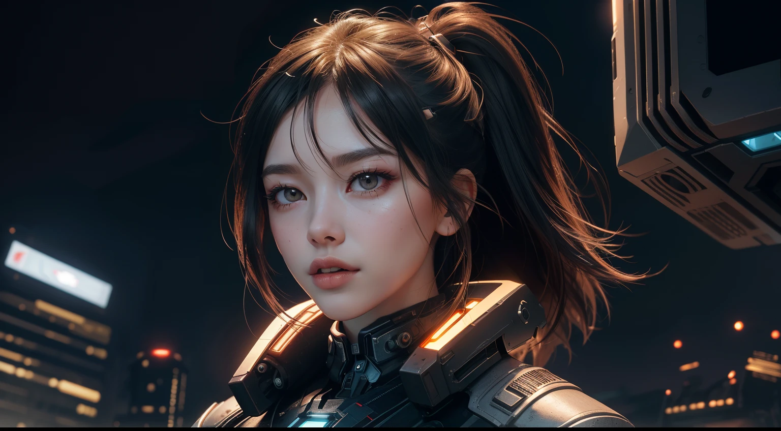Cyberpunk city background--s1000，Wandering Earth，spaceship，Double eyelids 1 girl，Save the world，extreme light，laser，Perfect hair，Perfect facial details，perfect facial expression，Perfect skin，True skin texture，Shoulders exposed，Technological equipment，Faraway view，Full body  -- seed 90098