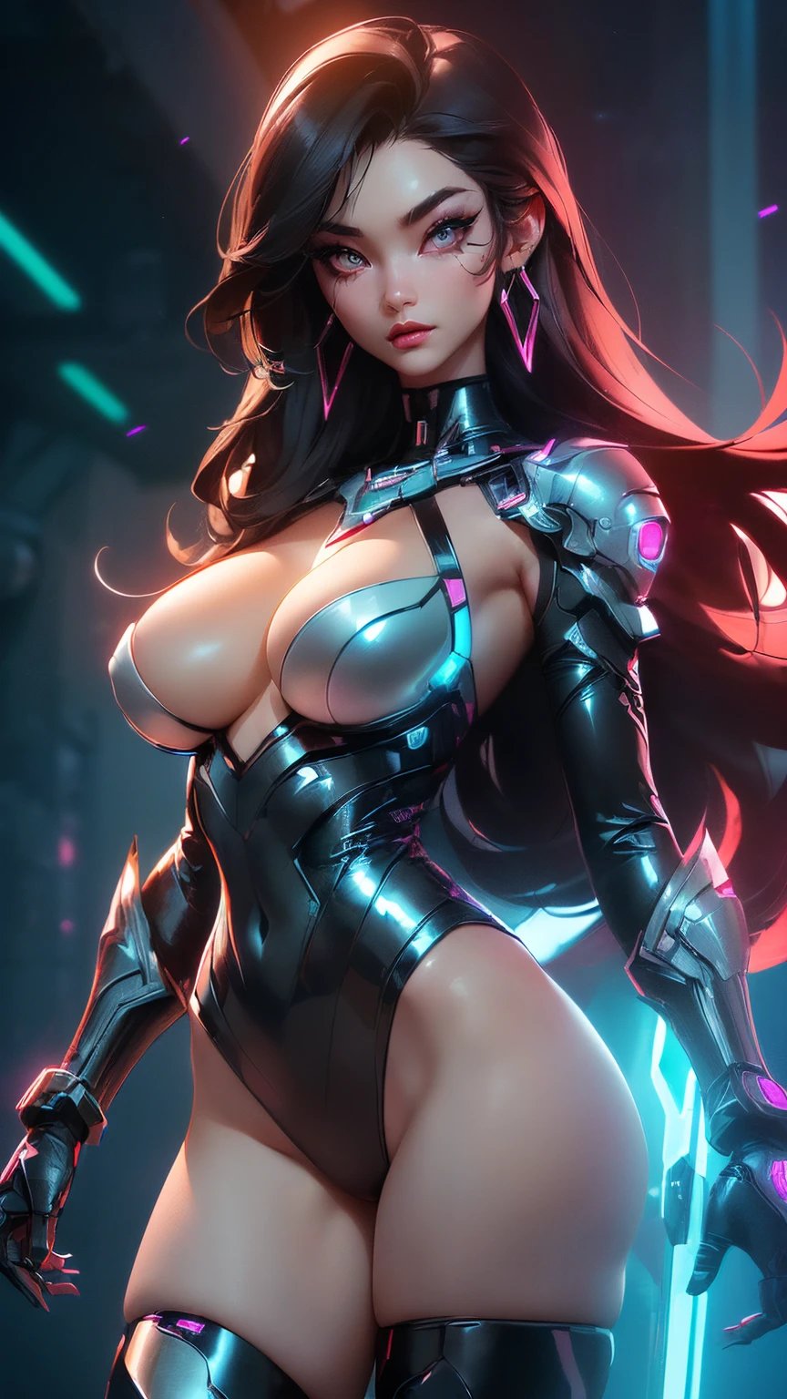 ((posing sexy))((sexy tall korean supermodel)) ((beautiful face)) (red lipstick) (very dark eyeshadows make up)) ((big bright light eyes)) ((very long and straight black hair)) ((pale skin)) ((very huge breast:1.5)) ((perfect slender body torso1.3)) ((wears sexy fantasy metal cybernetic body parts, tiny string bottom, gauntlets, boots neon lights)) (()) ((choker, earrings)) (())((beauty supermodel, posing sexy inside dark photo studio, sci-fi decoration, neon lights))(high resolution, dynamic shadows)((photorealistic:1.5)) ((masterpiece:1.3)) (8k) (perfect face) ((best quality:1.4)) (perfect hands and eyes)