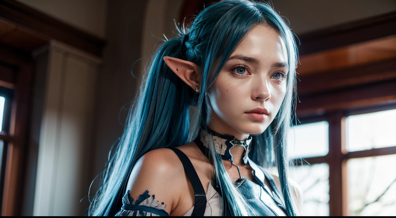 original outfit, 1girl, long hair, solo, detached sleeves, cityscape, blue hair, pointed ears, upper body, detailed face, detailed eyes, beauty, extremely beautiful face