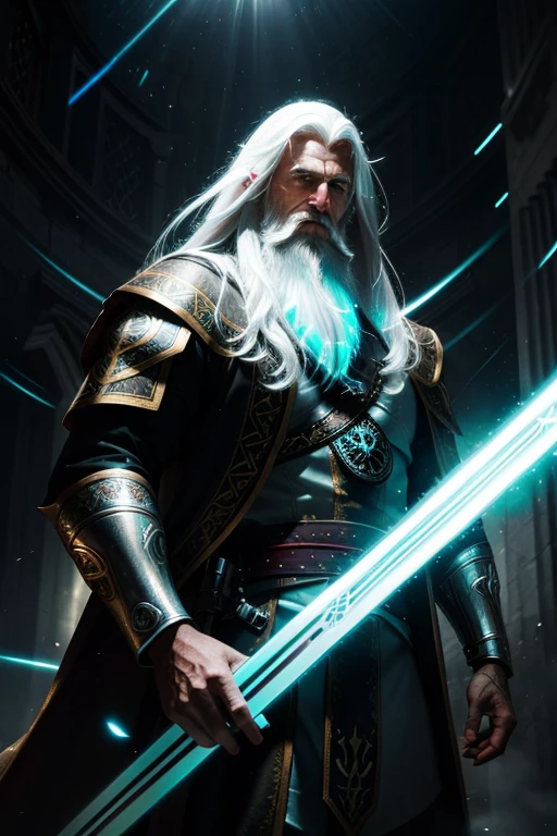 Templar, Long beard, White hair, ((Glow light effect))), Dynamic panning photography movement::1, midnight illuminator, (tmasterpiece), Best quality at best, Perfect beautiful face, 8K