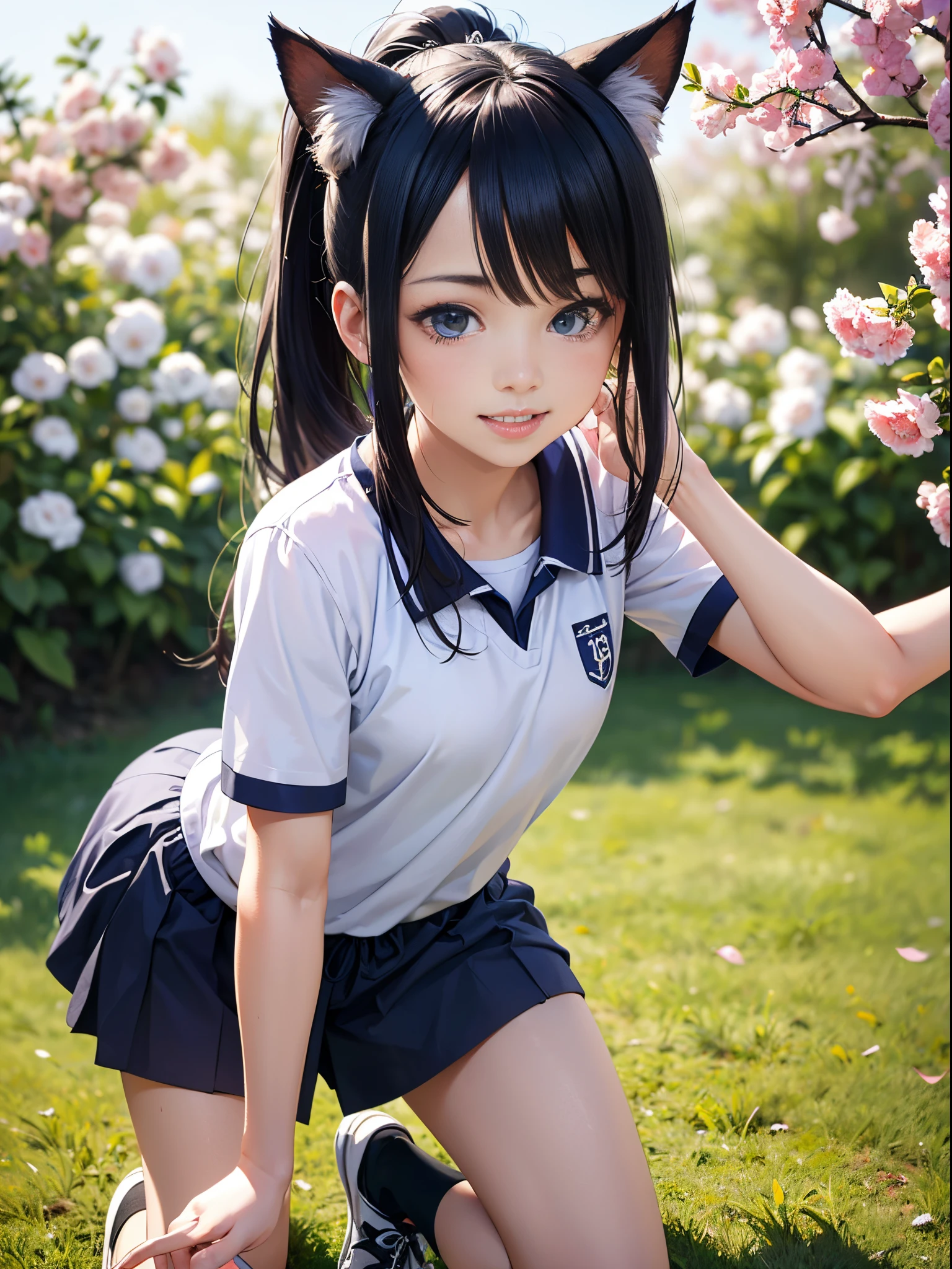 masutepiece, Best Quality,hair flower sketch, flower, Hair Ornament, 1girl in, Animal ears, Blue eyes, white blossoms, Long hair, Solo, Black footwear, Looking at Viewer, blush, animal ear fluff, Blue hair, Parted lips, Bangs, Komono, Full body, extra ear, Hair intake, , sash, all-fours, hair between eye, Fox ears, Crying, Screaming, Blonde Shorthair, medium breasts,(masterpiece, best quality), (photorealistic:1.37), RAW photo, highres, (high detailed face), frontal,
((((1girl)))), ((( solo ))), Japanese, delicate and pretty, perfect face, beautiful detailed eyes, ((smile)), fair skin, real human skin, pore, (((( )))), ((( kawaii, petit ))), ((small breast)), baby face,(((ponytail))),black hair
BREAK
wearing gym uniform,(bloomers:0.7), standing in schoolyard,