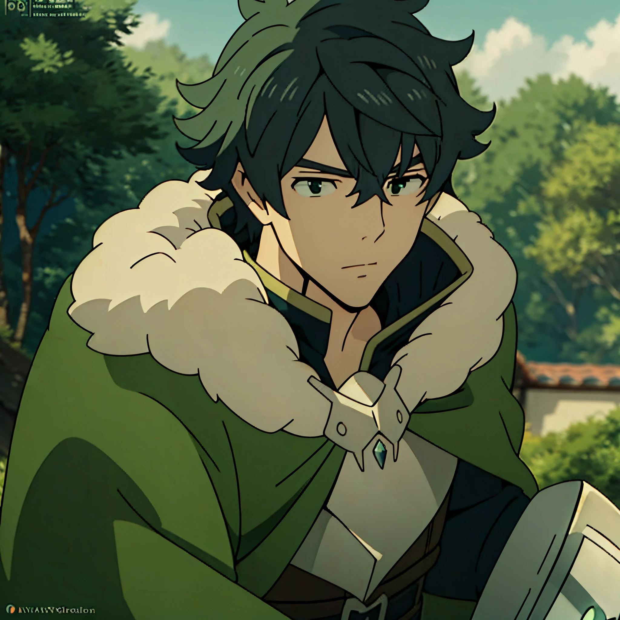 iwatani naofumi, expressionless, shield, fur trim, armor, green cape, outdoor, miyazaki hayao, ((masterpiece)), (extremely detailed illustration), best quality, cinematic lighting, detailed background, beautiful detailed eyes, (an extremely delicate and beautiful), (Beautiful and detailed eye description), ultra-detailed