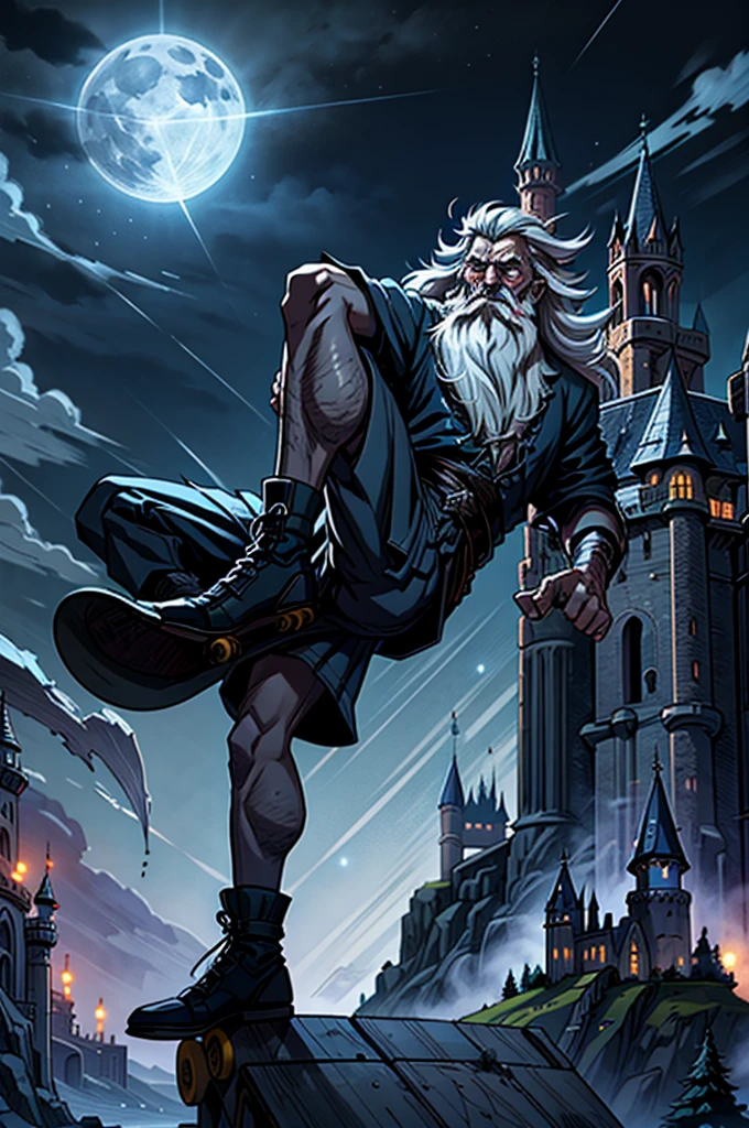 badass wizard doing a kick flip on a skateboard in front of a castle with a full moon in the background, old man, long beard, lightning, glowing runes, high quality, masterpiece