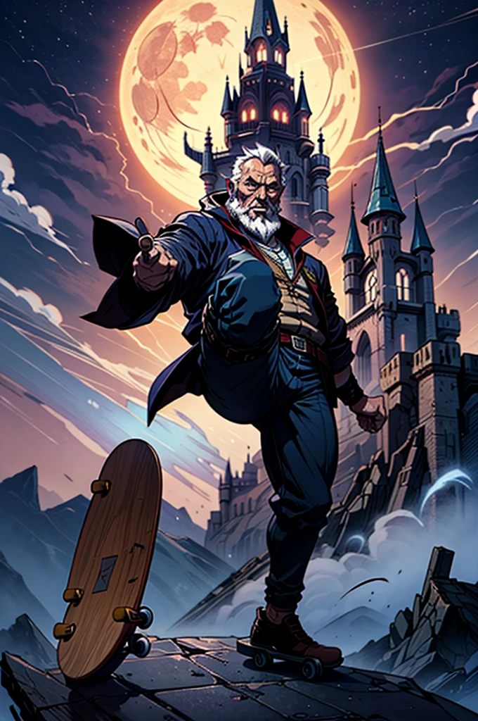 badass wizard doing a kick flip on a skateboard in front of a castle with a full moon in the background, old man, long beard, lightning, glowing runes, high quality, masterpiece