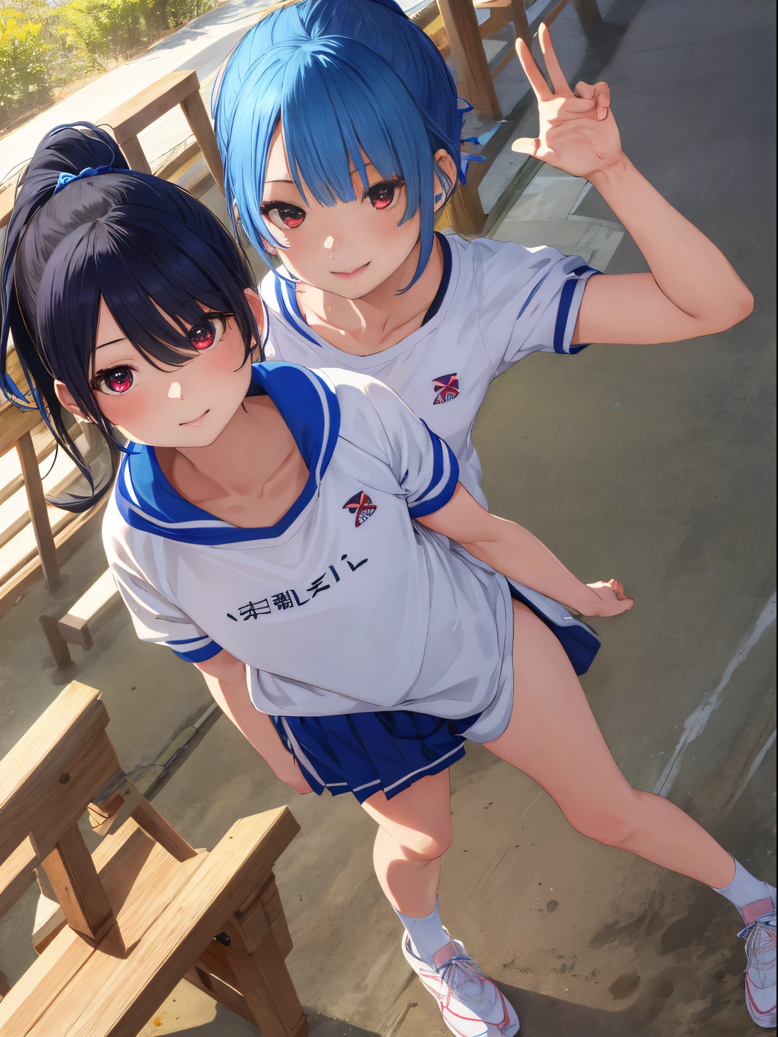 masutepiece, Best Quality, hight resolution, ram1, 1girl in, Solo, Remu \(Re:Staynight\), Blue hair, white thighhig, Short hair, Red Eyes, Hair over one eye, Ribbon trim, Hair Ribbon, X Hair Ornament,爆乳、 masutepiece, superfine illustration, (masterpiece, best quality), (photorealistic:1.37), RAW photo, highres, (high detailed face), frontal,
((((1girl)))), ((( solo ))), Japanese, delicate and pretty, perfect face, beautiful detailed eyes, ((smile)), fair skin, real human skin, pore, (((( )))), ((( kawaii, petit ))), ((small breast)), baby face,(())),black hair

BREAK
wearing gym uniform,(bloomers:0.7), standing in schoolyard,