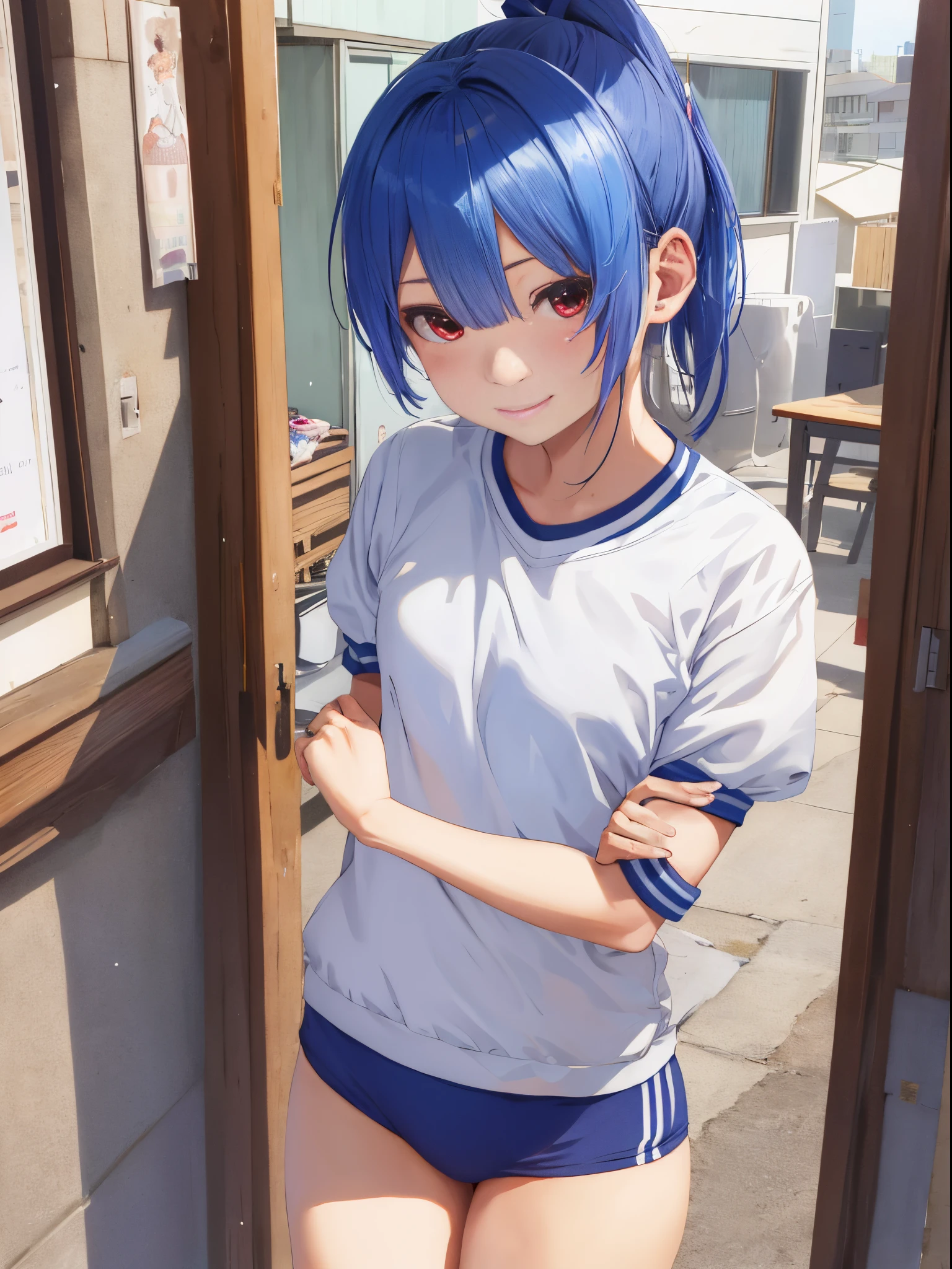 masutepiece, Best Quality, hight resolution, ram1, 1girl in, Solo, Remu \(Re:Staynight\), Blue hair, white thighhig, Short hair, Red Eyes, Hair over one eye, Ribbon trim, Hair Ribbon, X Hair Ornament,爆乳、 masutepiece, superfine illustration, (masterpiece, best quality), (photorealistic:1.37), RAW photo, highres, (high detailed face), frontal,
((((1girl)))), ((( solo ))), Japanese, delicate and pretty, perfect face, beautiful detailed eyes, ((smile)), fair skin, real human skin, pore, (((( )))), ((( kawaii, petit ))), ((small breast)), baby face,(())),black hair

BREAK
wearing gym uniform,(bloomers:0.7), standing in schoolyard,