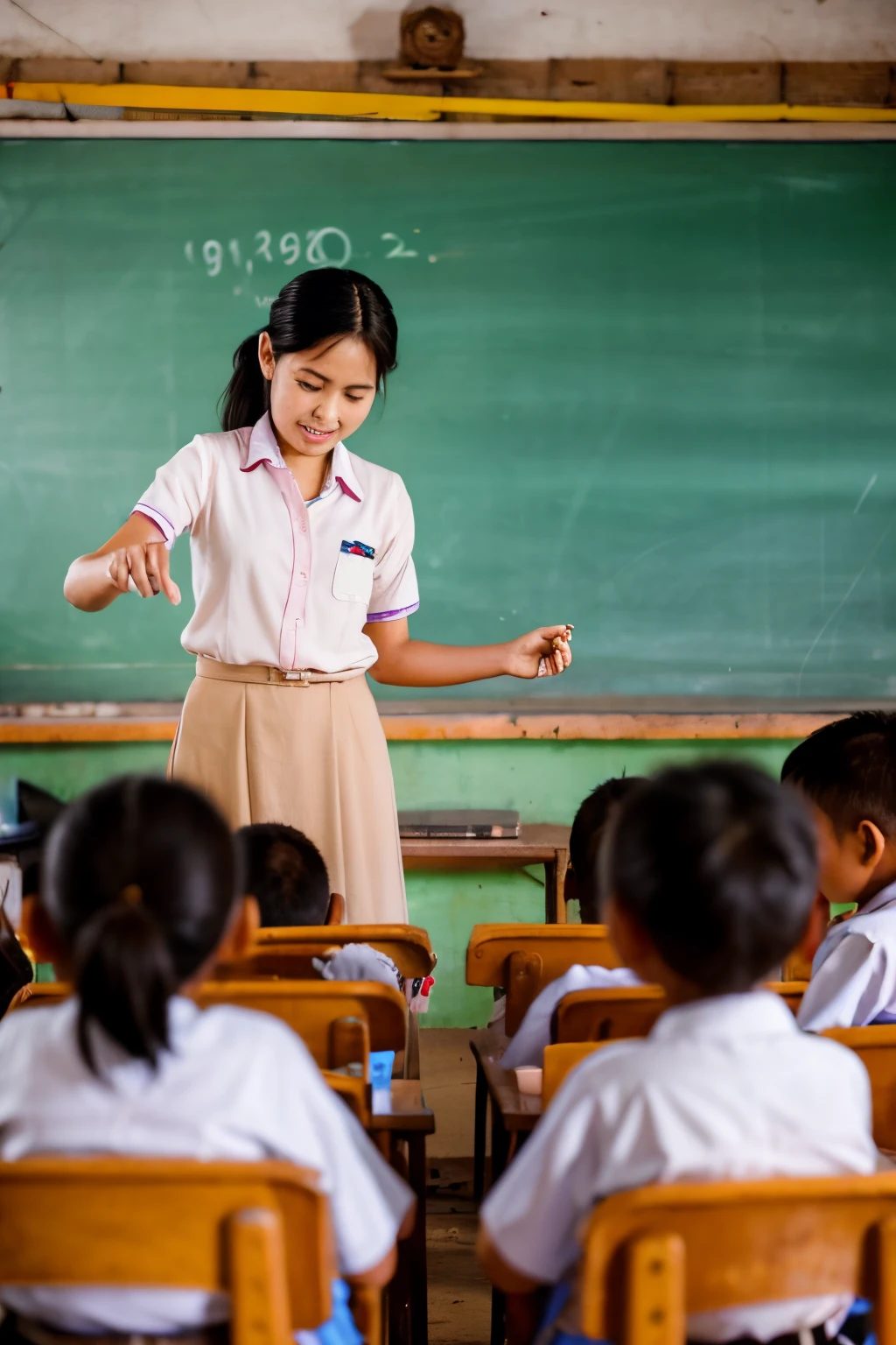 Myanmar young teacher teaching the children in a school from small village, realistic, high detailed, ultra hd resolution