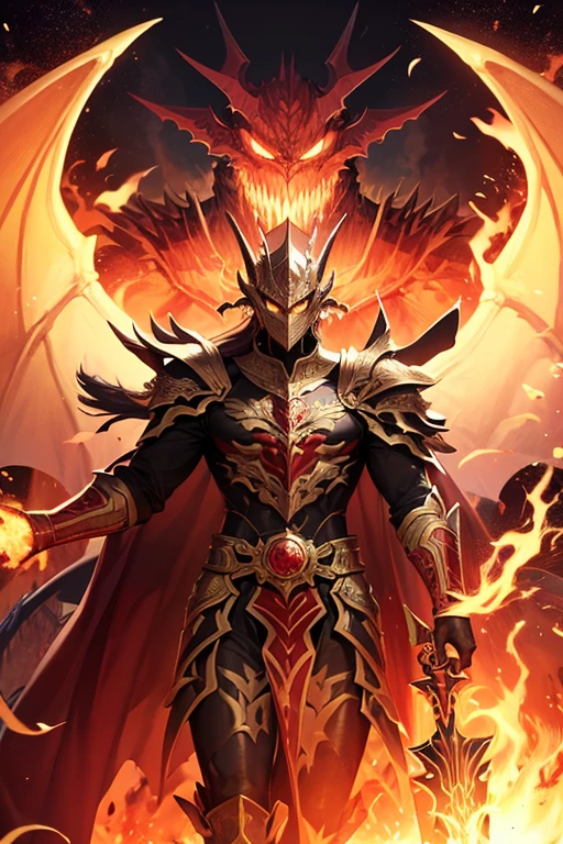 Em um mundo onde a fantasia se mistura com a realidade, a dark hero emerges, wearing an enigmatic mask and imposing dragon armor. As cores principais, vermelho e amarelo, converge to create a magnetic and mysterious presence.

The hero&#39;s mask, adorned with details that resemble the fierce features of a dragon, hides your emotions and intentions. Your eyes shine behind the mask, revealing unwavering determination and a burning flame of purpose.

A armadura, uma mistura de escamas vermelhas e detalhes em amarelo dourado, cria uma imagem imponente e intimidadora. Each piece is expertly designed to highlight the hero&#39;s agility, while the curves and ornaments give it a unique anime aesthetic, combinando estilo e funcionalidade.

Nas costas, a flaming cape in shades of red and yellow flutters in the wind, adding a dramatic touch to your actions. The hero wields a sword that reflects the same tones, as if the blade were forged in the flames of an ancient dragon.

This enigmatic warrior moves with grace and dexterity, Your movements choreographed like a deadly dance. The aura that surrounds him is one of mystery and power, causing enemies to retreat before the Shadow Dragon&#39;s imposing presence. Your past is an enigma, but his determination to protect the innocent is undeniable, a hero who walks in the shadows with the strength of a dragon.