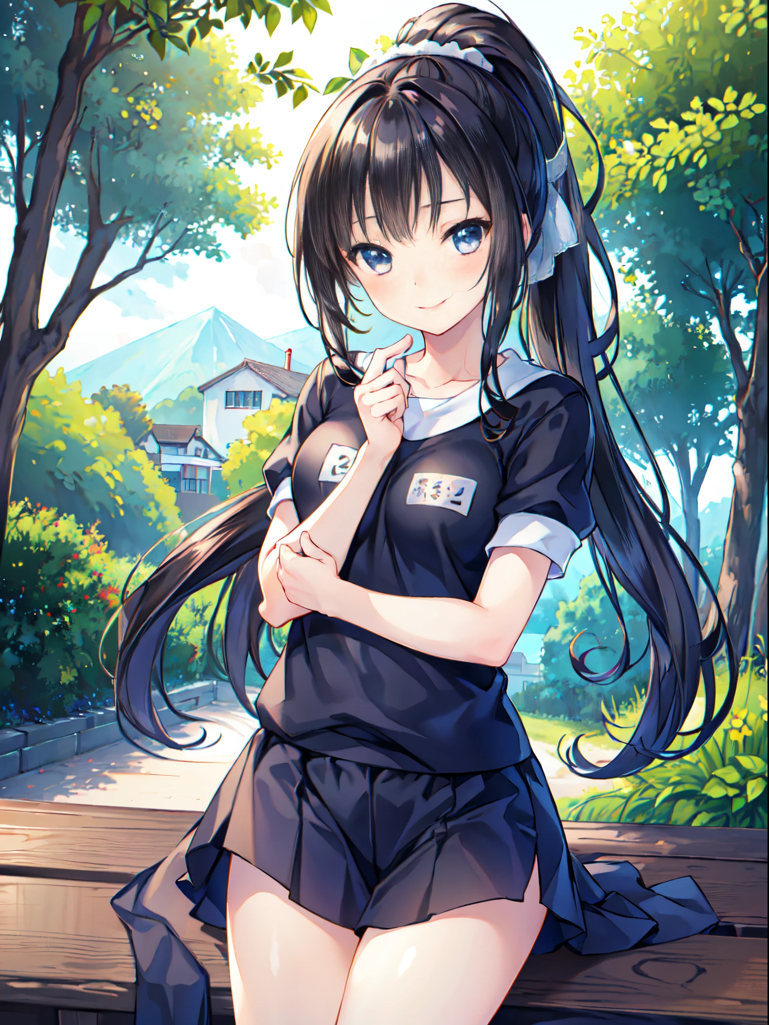 、young、one person、4 year old girl、long hair、black hair、With bangs、small、laughing、Big eyes、barefoot、short sleeve、black eye、cute、legs open、with ribbon、skirt、small breasts、身長のsmall、