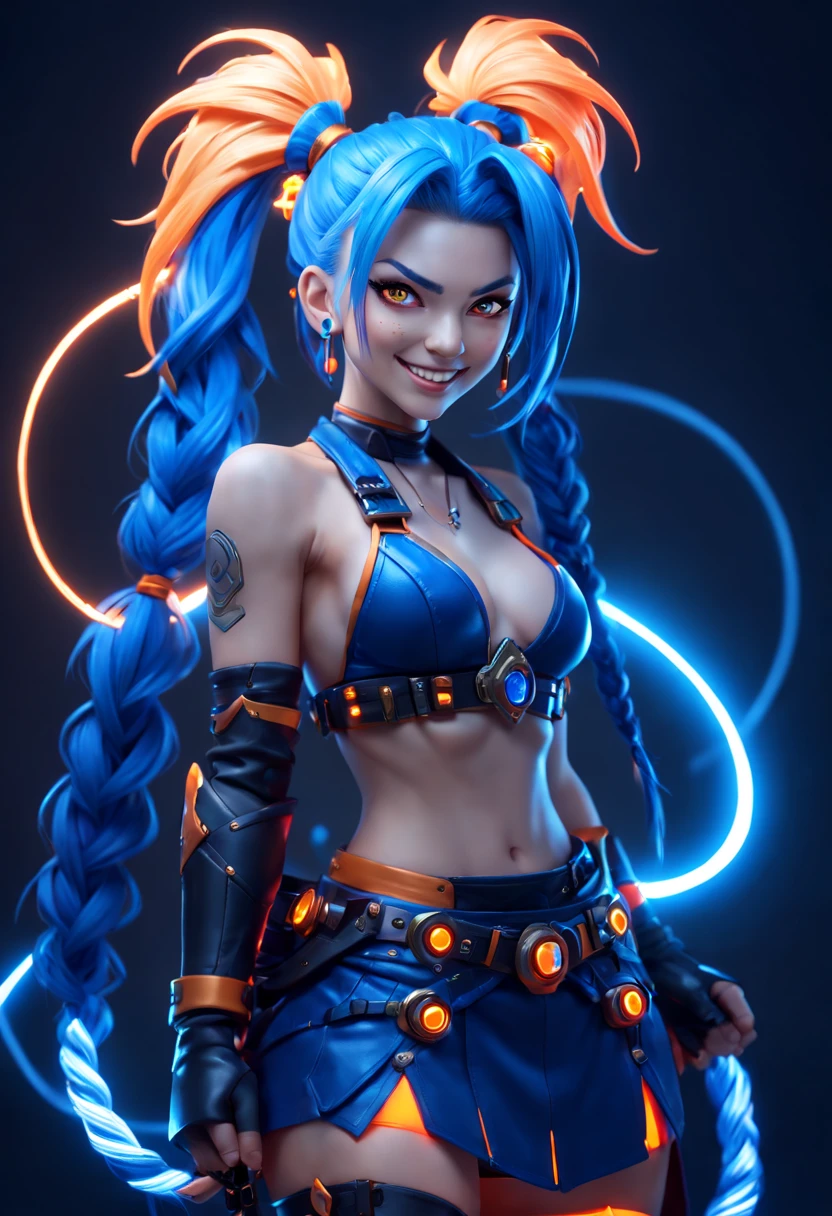 Jinx1024, Game character design，3D character rendering，(((pixar-style)))，League of Legends Jinx，((1girl，(Blue double ponytail: 1.5)，Blue braids，Red eyes，big laughter，future warrior，mechanical skirt，(A luminous magazine is tied around the waist: 1.2)，Decorated with luminous lines and rivets，With streamer effect or LED light embellishment，Laser cannon、Ion cannon or pulse cannon))，((hair design：Brilliant deep blue，Add some glowing elements，Futuristic headgear such as orange photoelectric glasses or head-mounted display))，((Expression design：Add some glowing lines or orange LED light effects to the facial decoration，Design different facial expressions，Highlight the image of future warriors))，(action design：On the move、When releasing a skill or attacking，Add some special effects and animations，Highlight the sense of future and combat)，((Special effects design：Add cool orange light effects、Electromagnetic wave effect or virtual interface，Enhance the visual impact of skin)), (((standing on your feet，Metal heels: 1.8, Glowing lines or orange LED light effect))), (full body shot of: 1.5)，jinx (league of legends)