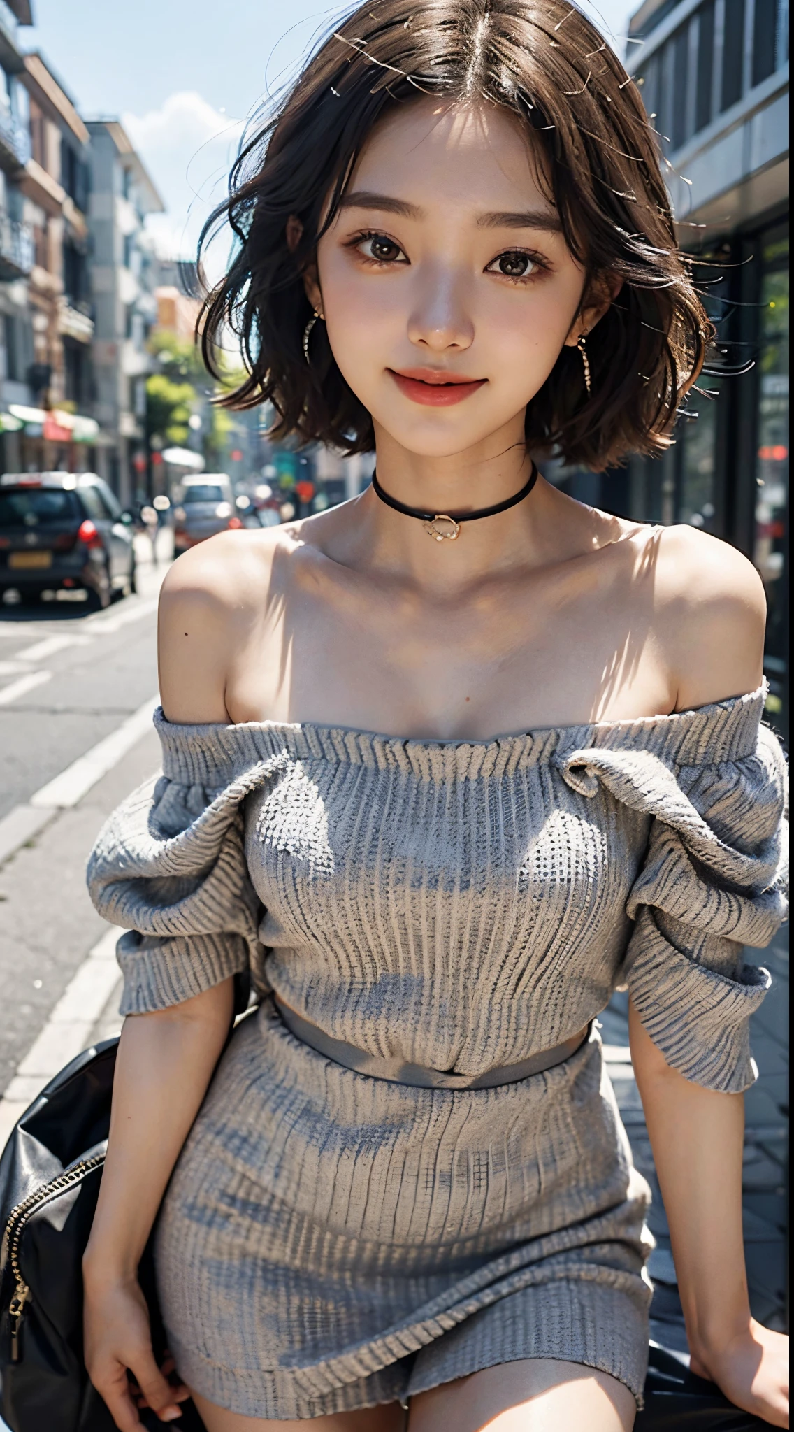 Japan Girl,beautiful girlfriend,a beauty,Raw foto,8K,morning sun lighting,Gray off-shoulder dress mini skirt,Short Bob Hair,A dark-haired,A detailed face,Detailed skin,Detailed eyes,(Slim body:1.3),petite girl in,About 23 years old,large earrings,Chester Court,Cute smile,kindly smile,Smile,