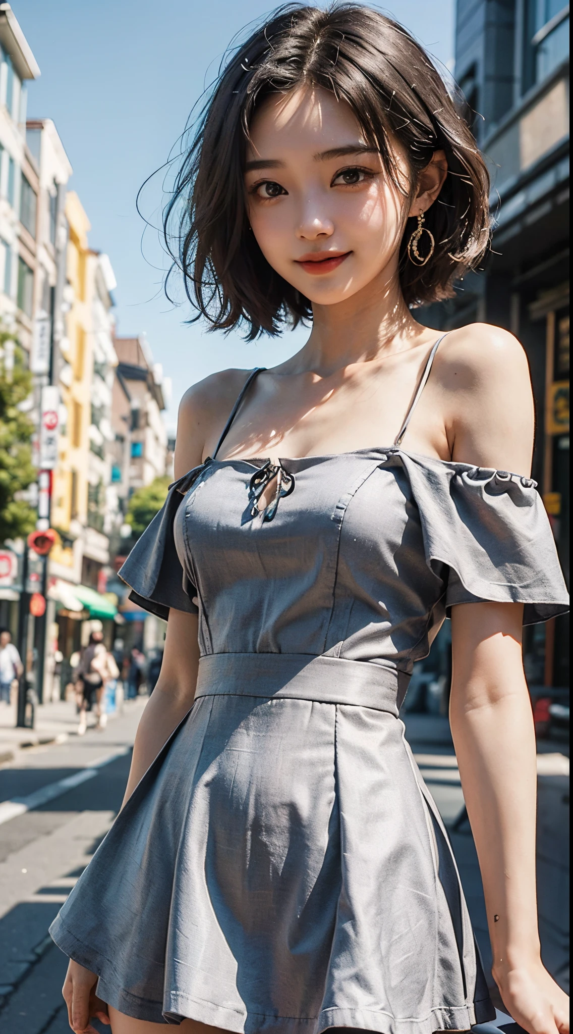 Japan Girl,beautiful girlfriend,a beauty,Raw foto,8K,morning sun lighting,Gray off-shoulder dress mini skirt,Short Bob Hair,A dark-haired,A detailed face,Detailed skin,Detailed eyes,(Slim body:1.3),petite girl in,About 23 years old,large earrings,Chester Court,Cute smile,kindly smile,Smile,