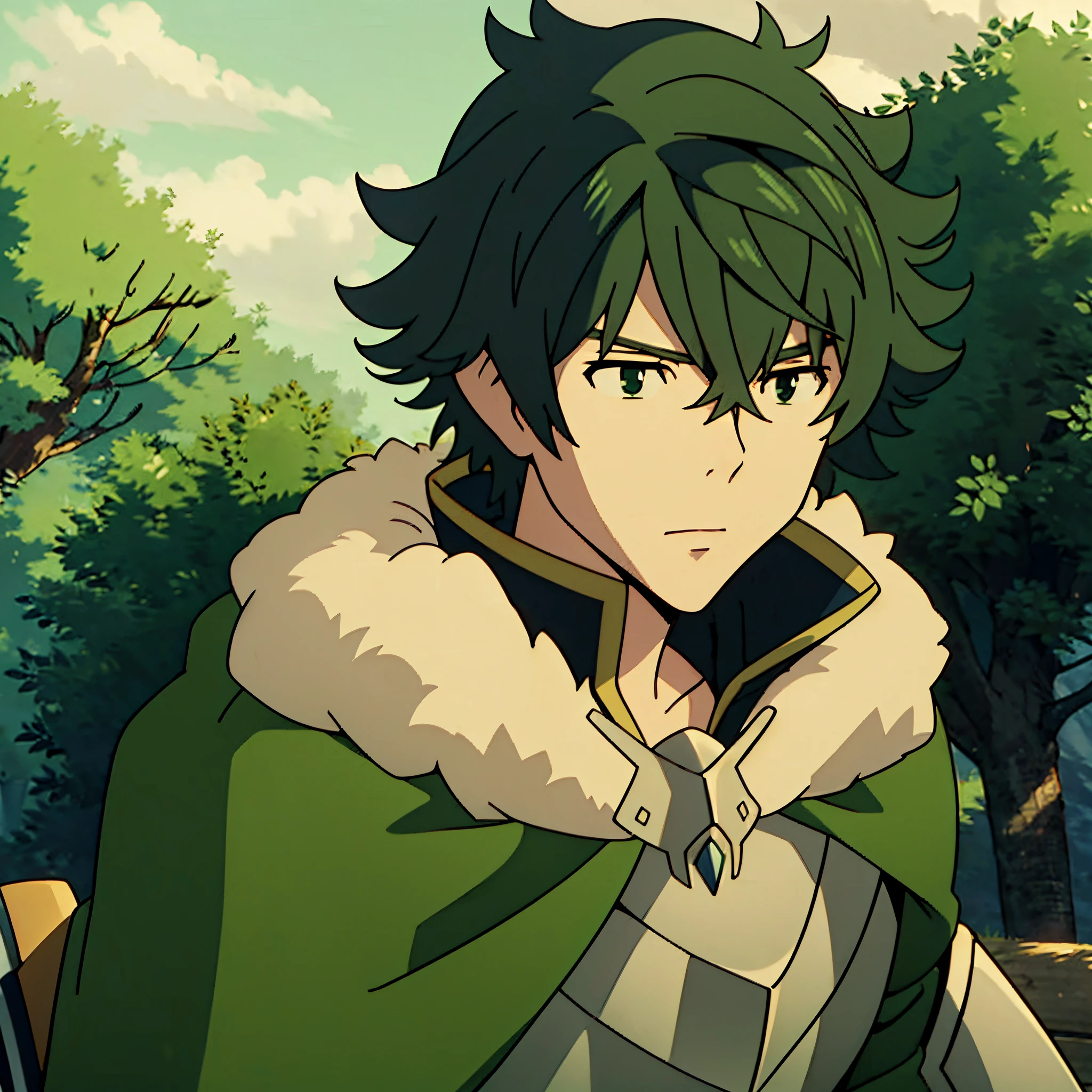 iwatani naofumi, expressionless, shield, fur trim, armor, green cape, outdoor, miyazaki hayao, ((masterpiece)), (extremely detailed illustration), best quality, cinematic lighting, detailed background, beautiful detailed eyes, (an extremely delicate and beautiful), (Beautiful and detailed eye description), ultra-detailed