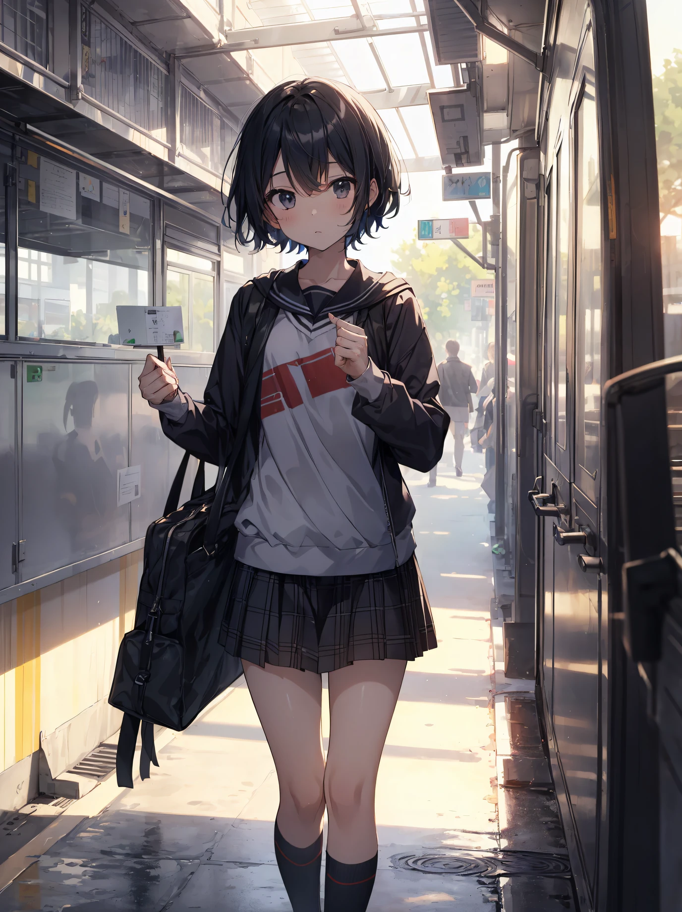 God quality, anime moe artstyle,best anime 8k konachan wallpaper,badass anime 8k,perfect anatomy, (Please draw a girl walking sleepily to school. ),break, 1girl, (Solo,Loli,,13-ye-ol3),a ior high sct, androgynous chary Short hair), Full limbs, complete fingers,flat chest, Small butt, groin, Small eyes,finely detailed beautiful black eyes,disgusted eyes, school Uniform, in the School commute route. break,ultra-detailed,high resolution,super detailed skin, professional lighting,8k eye details, (cool illustration:1.2),