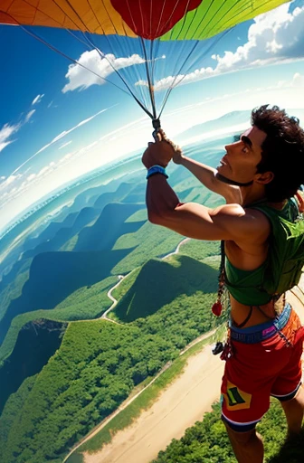 A Brazilian indigenous man parachuting colorfully looking at the Amazon rainforest