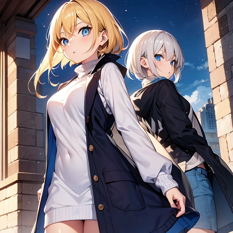 Arcueid \(tsukihime\), One person, alley, Put your arms behind your back, Black Pantyhose, Blue pleated skirt, blush, chest, building, Cowboy Shot, Day, Chain Necklaces \(Arcueid\) chestに, large chest, View your viewers, Outdoor, smile, alone, Are standing, White long-sleeved turtleneck white sweater, Tight clothes, Thigh Gap, Mouth closed, Leaning forward, break, 2nd move, Accurate Fingers, Weak hands, Extreme hand details, Normal hand, With your fingers, Accurate hands, Two thumbs