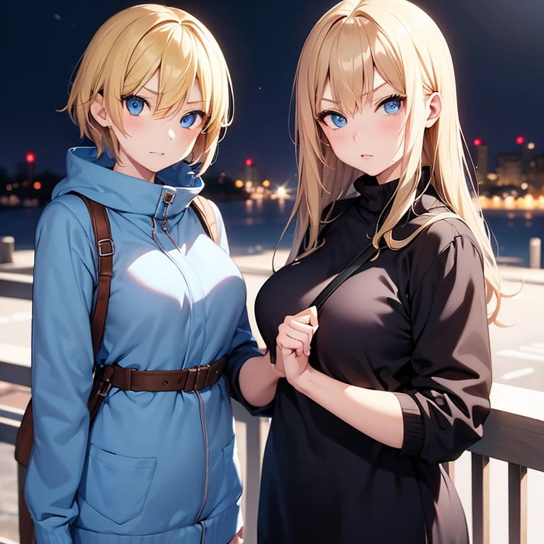 2D Anime Style、Blue eyes、Adults、breasts are slightly larger、Blonde Shorthair、Cool and beautiful woman、angry、full body Esbian、Winters、Will、yuki、Knitted clothing、Wearing a coat