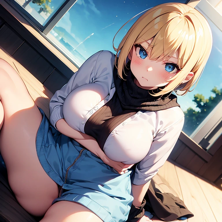 2D Anime Style、Blue eyes、Adults、breasts are slightly larger、Blonde Shorthair、Cool and beautiful woman、angry、full body Esbian、Winters、Will、yuki、Knitted clothing、Wearing a coat