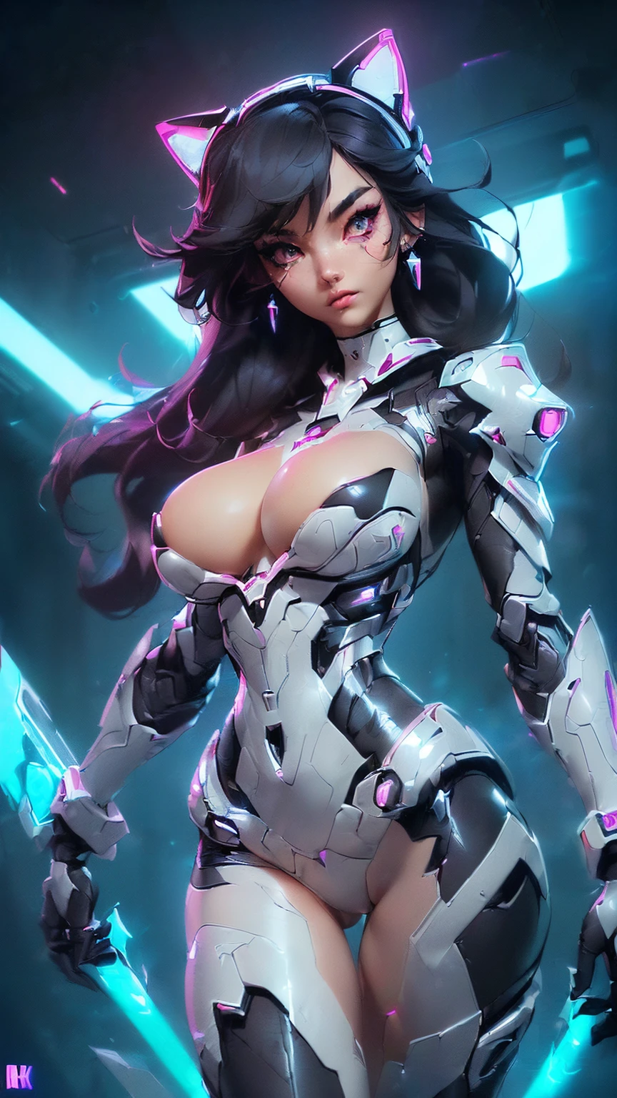 (((full body figure, complete body))((sexy tall korean supermodel))) ((beautiful face)) (red lipstick) (very dark eyeshadows make up)) ((big bright light eyes)) ((very long and straight black hair)) ((pale skin)) ((very huge breast:1.5)) ((perfect slender body torso1.3) (((wears sexy bikini cybernetic power armor)))((sci-fi cybernetic gauntlets high heel boots with neon lights)) ((cat ears helmet with dark shades)) ((choker, earrings)) ((plasma sword))((beauty supermodel, posing sexy inside dark photo studio, sci-fi decoration, neon lights))(high resolution, dynamic shadows)((photorealistic:1.5)) ((masterpiece:1.3)) (8k) (perfect face) ((best quality:1.4)) (perfect hands and eyes)