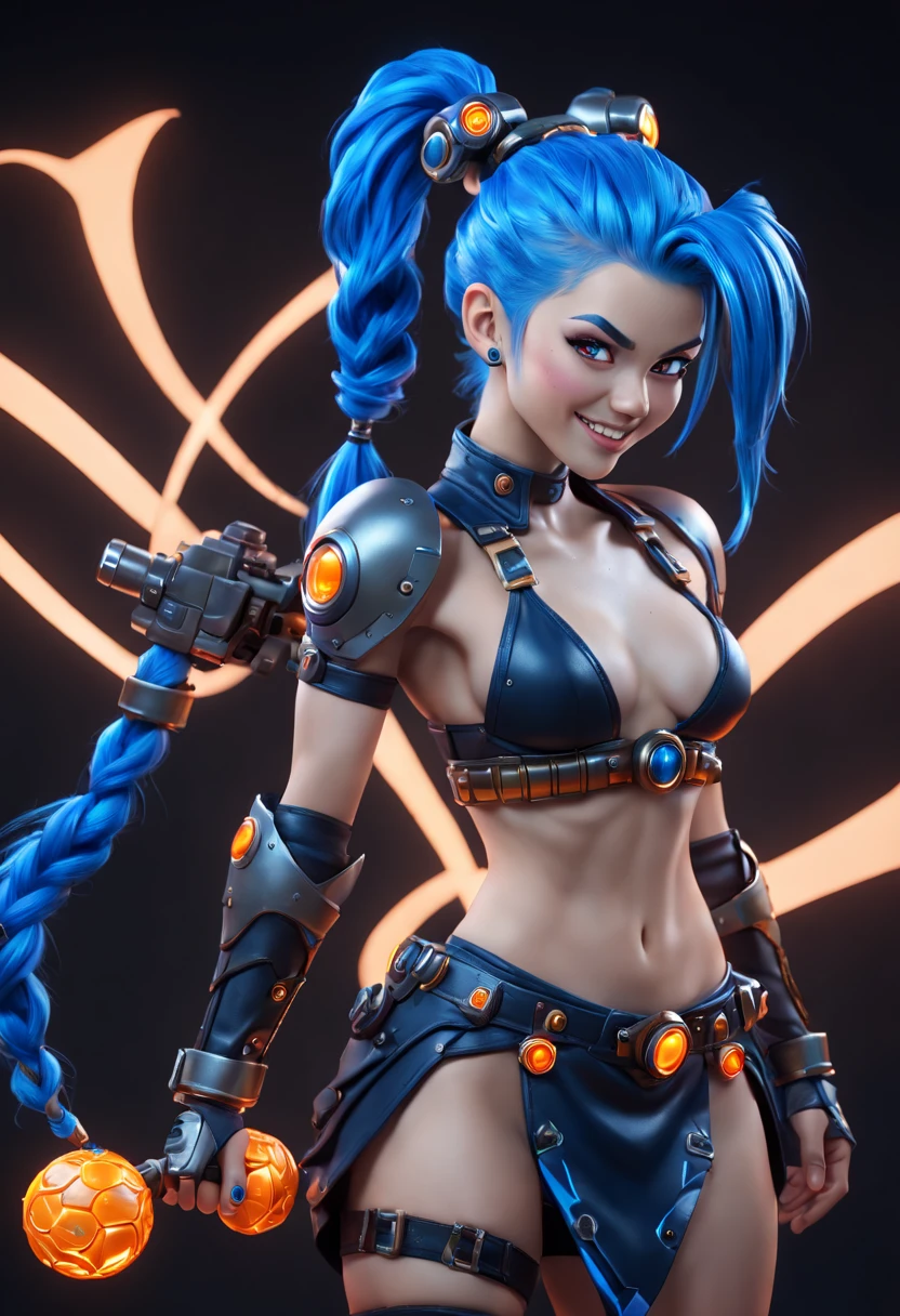 Jinx1024, Game character design，3D character rendering，(((pixar-style)))，League of Legends Jinx，((1girl，(Blue double ponytail: 1.5)，Blue braids，Red eyes，big laughter，future warrior，mechanical skirt，(A luminous magazine is tied around the waist: 1.2)，Decorated with luminous lines and rivets，With streamer effect or LED light embellishment，Laser cannon、Ion cannon or pulse cannon))，((hair design：Brilliant deep blue，Add some glowing elements，Futuristic headgear such as orange photoelectric glasses or head-mounted display))，((Expression design：Add some glowing lines or orange LED light effects to the facial decoration，Design different facial expressions，Highlight the image of future warriors))，(action design：On the move、When releasing a skill or attacking，Add some special effects and animations，Highlight the sense of future and combat)，((Special effects design：Add cool orange light effects、Electromagnetic wave effect or virtual interface，Enhance the visual impact of skin)), (((standing on your feet，Metal heels: 1.8, Glowing lines or orange LED light effect))), (full body shot of: 1.5)，jinx (league of legends)