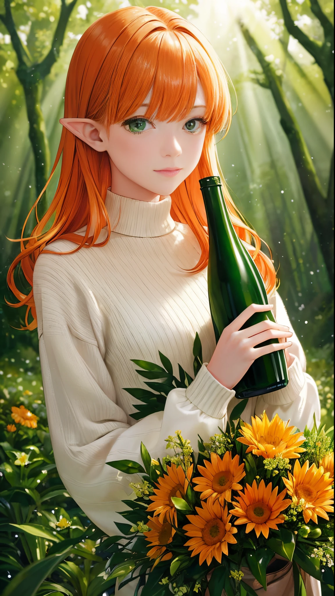 Masterpiece, best quality, 1girl, solo, orange hair, green eyes, close-up, pointy ears, green turtleneck sweater, in a forest, trees, flowers, holding a white bottle of isopropanol, detailed background, depth of field, rimlighting, specular highlights, bloom, atmospheric lighting, (colorful, vivid, sunlight, warm lighting:1.2)