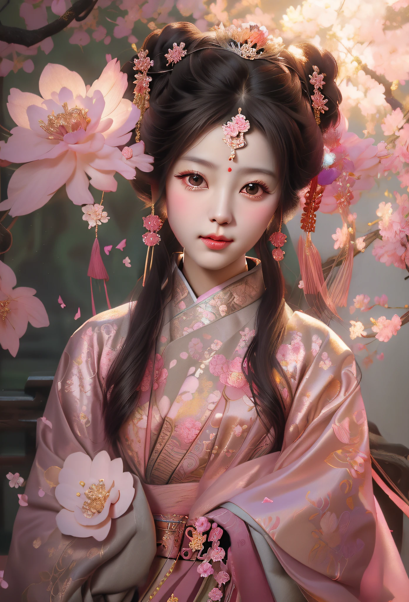 a close up of a woman in a pink dress with flowers, palace ， a girl in hanfu, artwork in the style of guweiz, guweiz, a beautiful fantasy empress, chinese princess, ((a beautiful fantasy empress)), ancient chinese princess, chinese fantasy, guweiz masterpiece, hanfu, beautiful digital artwork, beautiful character painting