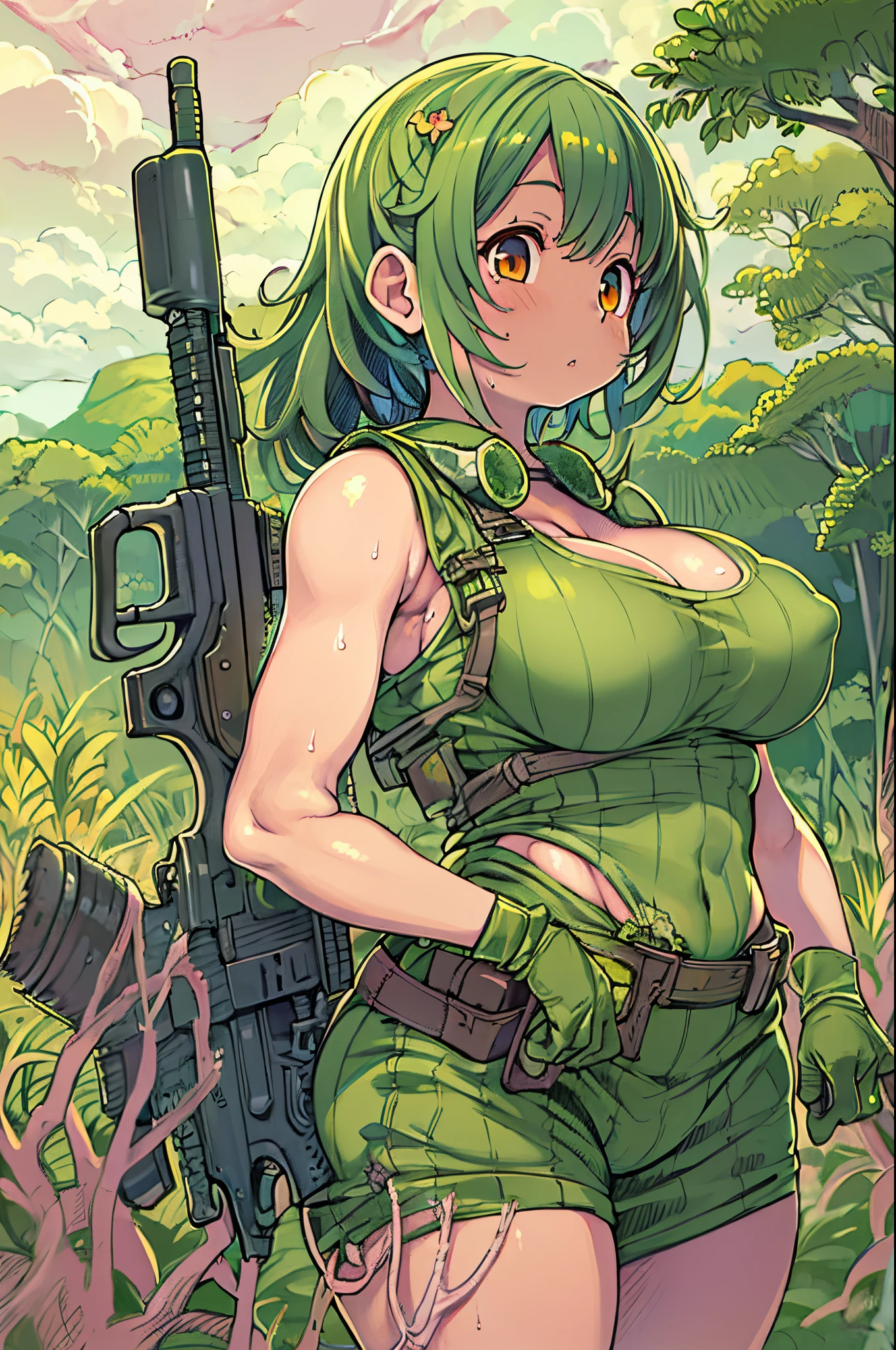 masutepiece、A 20-year-old woman wearing a green tank top holds a gun in a field., cute girl wearing a tank suit, gorgeous jungle ranger, large breasts size, with large breasts, forest hunter lady, with a big chest, Half body shot, Carrying a gun, Thick jungle, Carrying a rifle, Carrying a gun, Militarism!!!, Covered SFW huge breasts, SFW huge breasts、 anime moe art style
