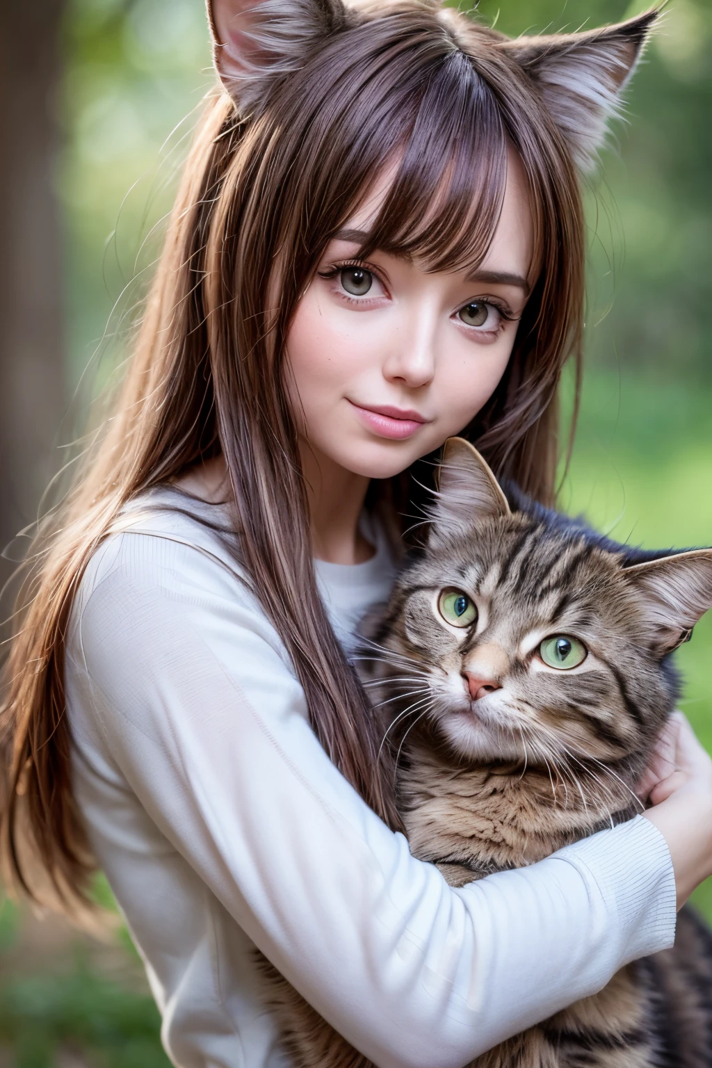 araffe with long hair holding a cat in her arms, big cheeks holding her cat, she is holding a cat in her arms, holding a cat, she has a cute face, with small cat on lap, beautiful young catgirl, better known as amouranth, very beautiful cute catgirl, amouranth, with cats on her side
