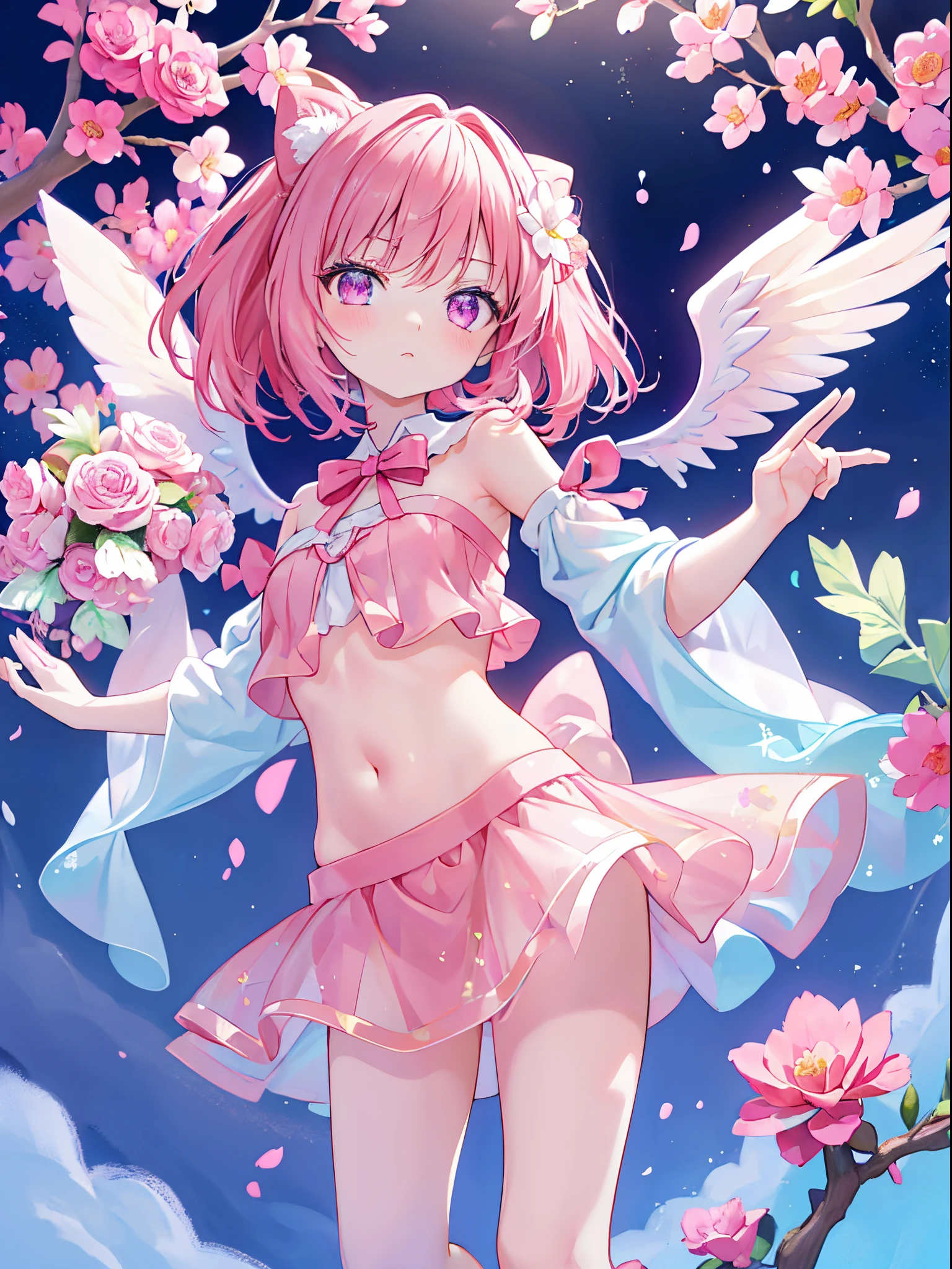 A pink-haired　bright pink color　short-hair 　big red ribbon　The ribbon is tied at the back、校服　magical 　Eye color is green　sitted, Open your legs　Mature_Female, Yovoja, jewely, looking at the viewers, dent,On the shores of the lake, angelicales,Leprechaun,, kirakira, Holo, mary, Grint, gradients, Overlay, Shadow, gland, florals, Glitter flowers, (wingspan),, lower back, a navel, , Foggy, Pink roses,Pose Seductive