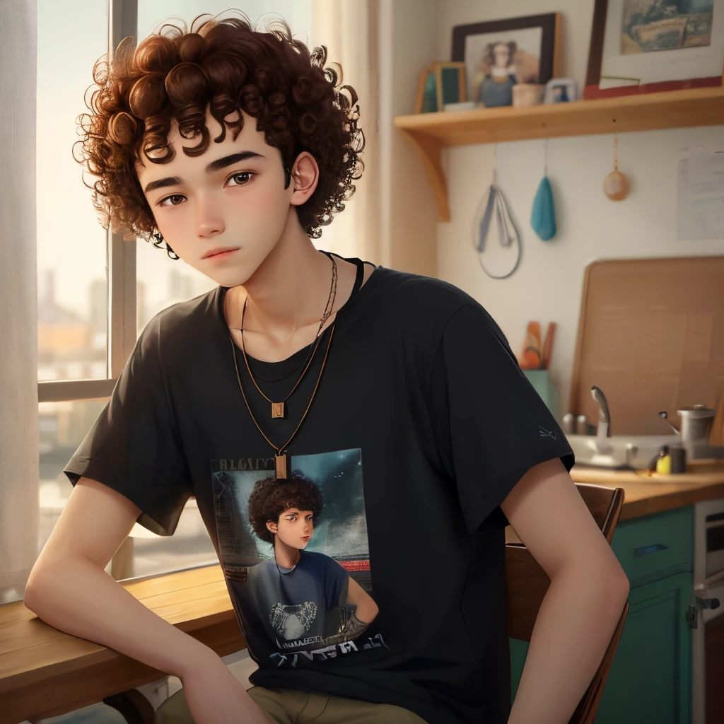 Boy with curly hair and two necklaces, , no strong pimples, brown hair