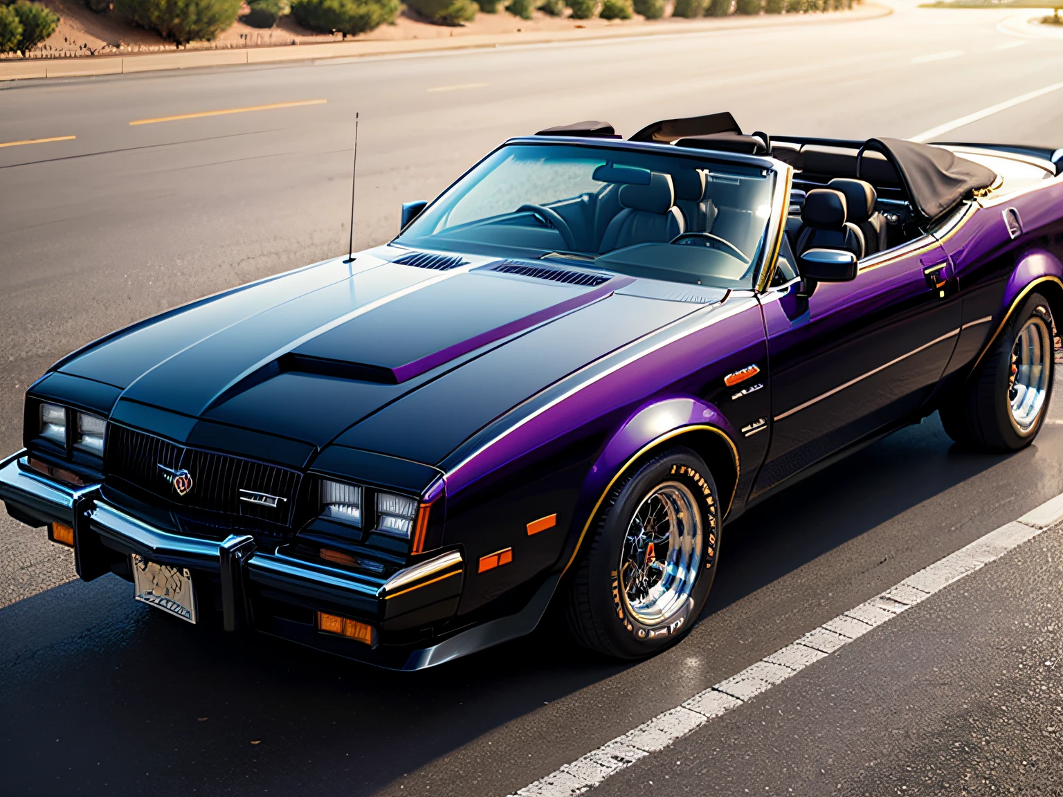 1987 Buick Grand National Convertible, RODA ESTRELA, RODA LARGA, METALLIC purple COLOR, Headlights on, VIDROS ESCUROS, DETALHES EM COR DOURADO, FRISOS EM COR DOURADA, TETO SOLAR, ESCAPAMENTOS LATERAIS, FIRE DESIGN ON THE FRONT HOOD.