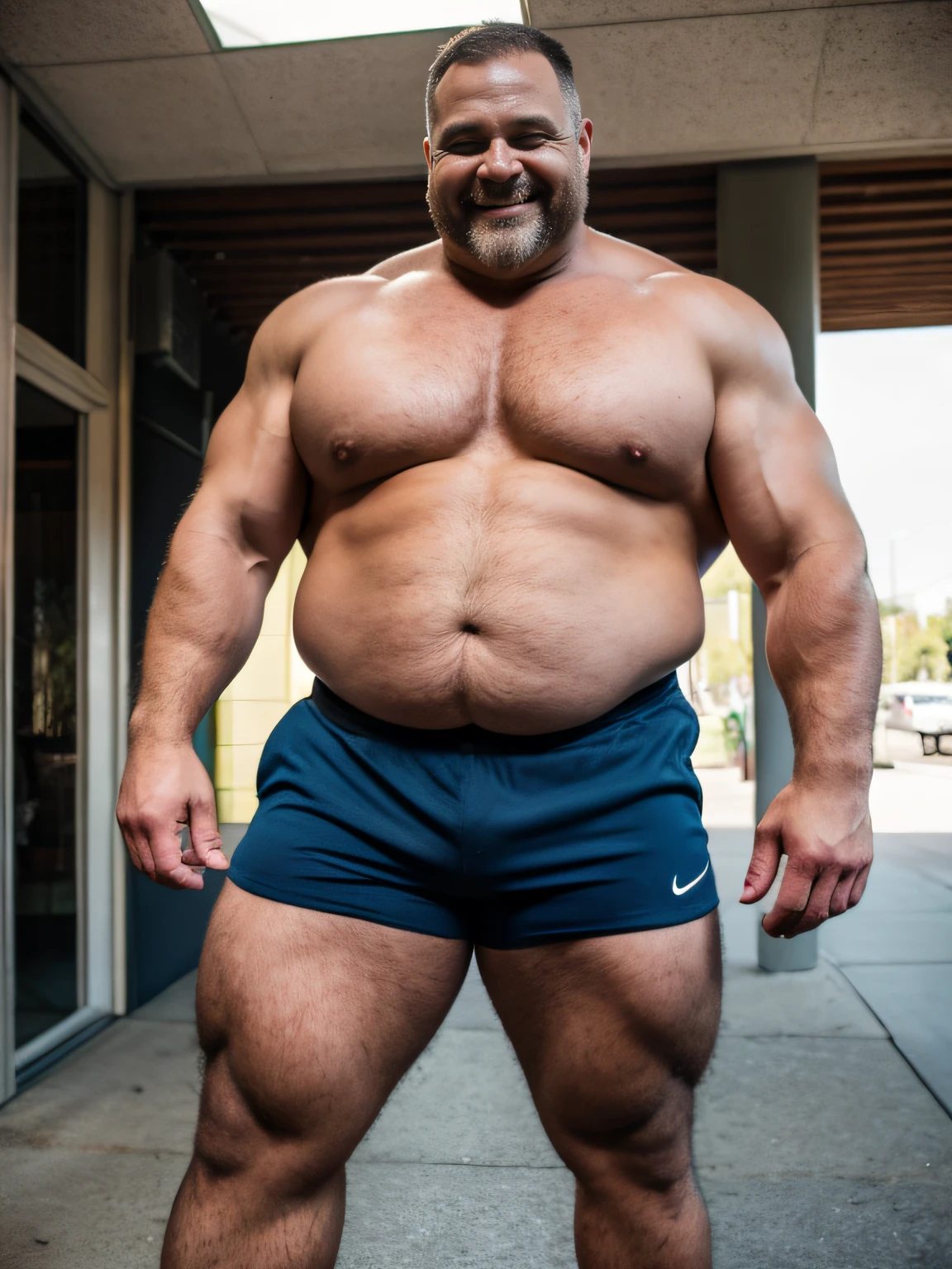 Intense cinematic scene, Full-body shot, Robust and robust real-world environment, short-hair, thick arm muscles, thick leg muscles, bbw, strong, Fat middle-aged man with a bright smile, wear shorts