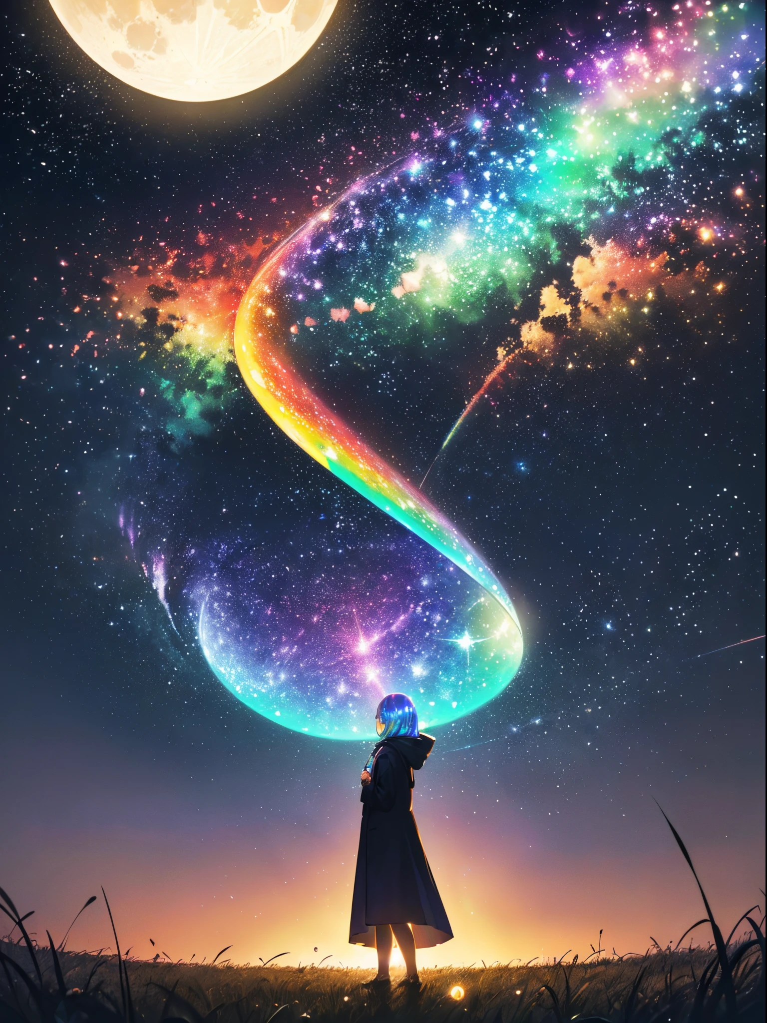 (((Degrade sky full of nebulas and comets and cascading lights with a small moon in the center))), extremely colorful, silhouette of a distant person on the ground with very green grass and a single rose, observing the starry sky, {paper extremely detailed 16k CG unit wall image}, expansive landscape photography, (a low view focusing on the sky above), (wide open field view), (low angle shot), (high light: 1.4) , (low light: 1.6), (warm light source: 1.2), complex details, (iridescent colors: 1.8), (bright lighting), (atmospheric lighting), dreamy, unique, landscape