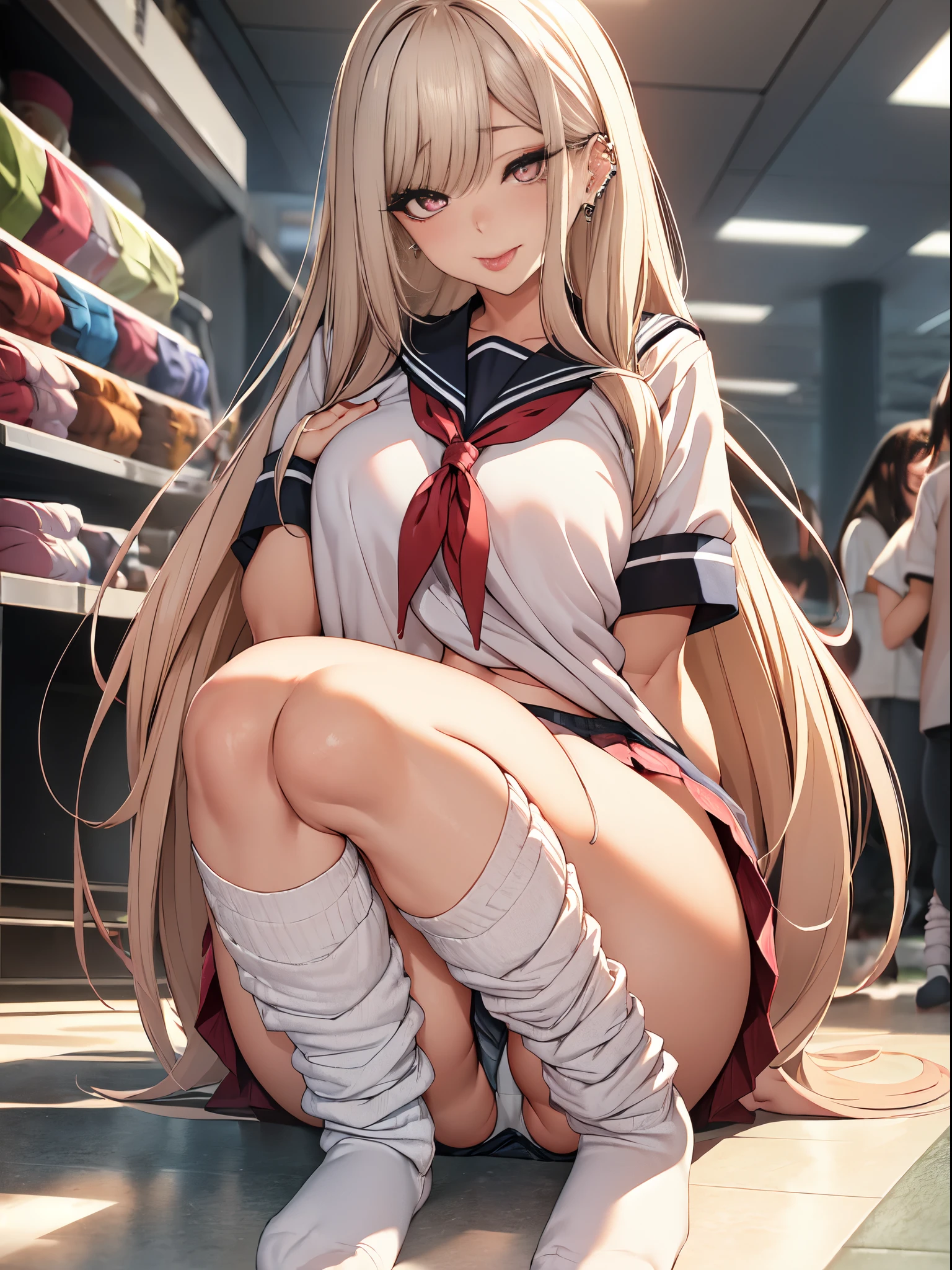 masterpiece, Sharp Focus, Delicate Beautiful Hair and Eyes and Face, realisitic, ultra-detailliert, One Woman、Kogal,Good Style, somewhat larger breasts, Thin leg,thin-waist,skinny thigh, ((wariza)),Smart body,Long straight hair、clong legs、Emphasize your feet、sexy facial expression、Indoors、Dynamic Hair、Long straight hair、Detailed silver hair、Inviting look,Pink eyes、(Sailor suit with short sleeves、Micro Mini Skirt:1.5、pleatedskirt、white thin pants)、tucking up the skirt、sandal、de pele branca、red nail polish、Long nails、piercings、Mole under the eyes、((gals、Thick makeup:2.0、long lashes、erotick、Eyes are hearts、Kissed、Tongue out、red lipsticks))、(((Thick white knee-high loose socks:1.8、tiptoes))、Perspective from above、Lingerie with a small area, large full breasts、Open your legs