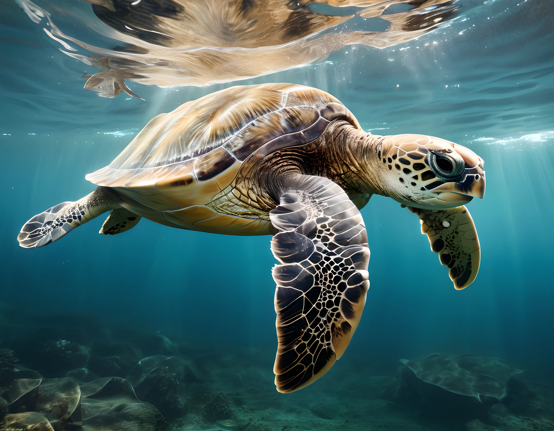 Photography of a magnificent sea turtle gracefully swimming through crystal clear waters, its sleek shell gliding effortlessly through the gentle currents. The photograph captures the turtle in a close-up shot, showcasing its intricate patterns and textures. The sunlight penetrates the water, casting a shimmering glow on the turtle's majestic form. The composition highlights the turtle's peaceful demeanor and the serene beauty of its underwater habitat. This photograph, taken by acclaimed wildlife photographer Paul Nicklen, transports viewers into the enchanting world beneath the waves and reminds us of the importance of preserving these magnificent creatures and their fragile ecosystems,aetherpunkai,((Best quality)), ((Masterpiece)), ((Realistic))
