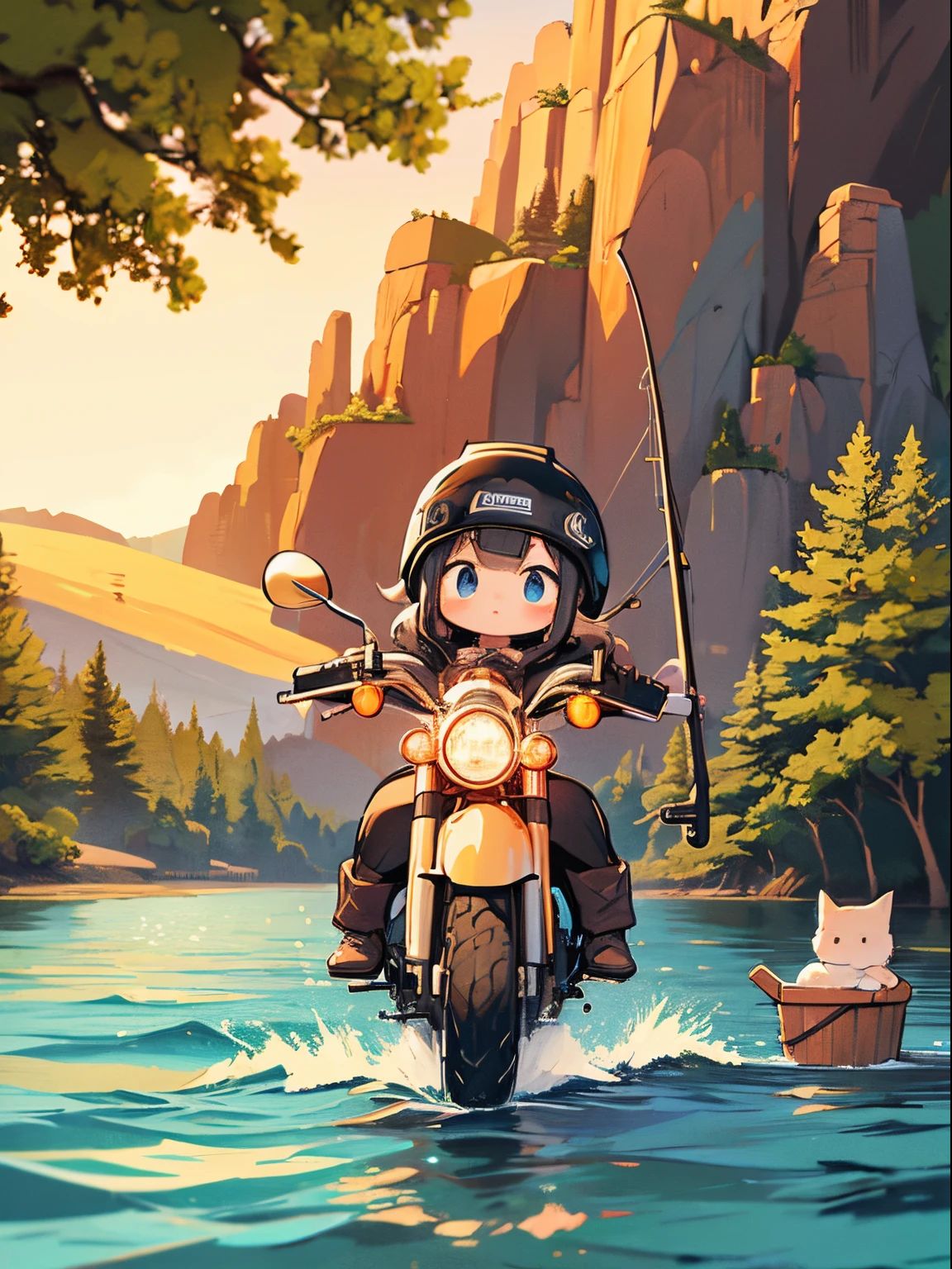 A masterpiece, a detailed background, and a "Yuru Camping" inspired wide illustration with a simple, light use that highlights a kitten girl. She is fishing on a lake, with a Harley-Davidson Electra Glide™ Highway King parked next to her.