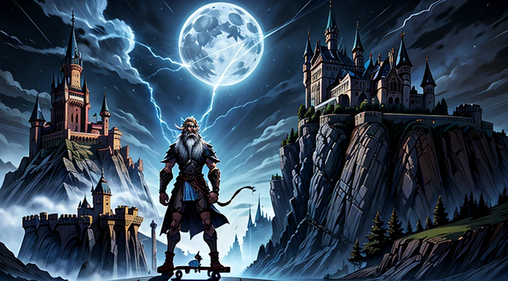 badass wizard riding a skateboard in front of a castle with a full moon in the background, old man, long beard, lightning, glowing runes, high quality, masterpiece