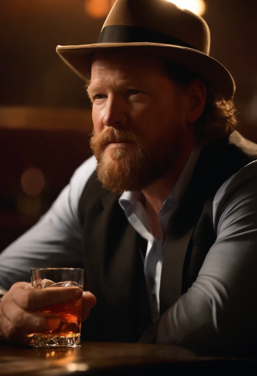 A photo of Harvey sitting in a dimly lit jazz club, with a half-empty glass of bourbon in hand, watching the band play with a sardonic smirk on his face.,Gotham,Harvey is an older male, with ginger and grey shaggy hair and beard, wears a suit and tie and fedora, famously portrayed by Donal Logue