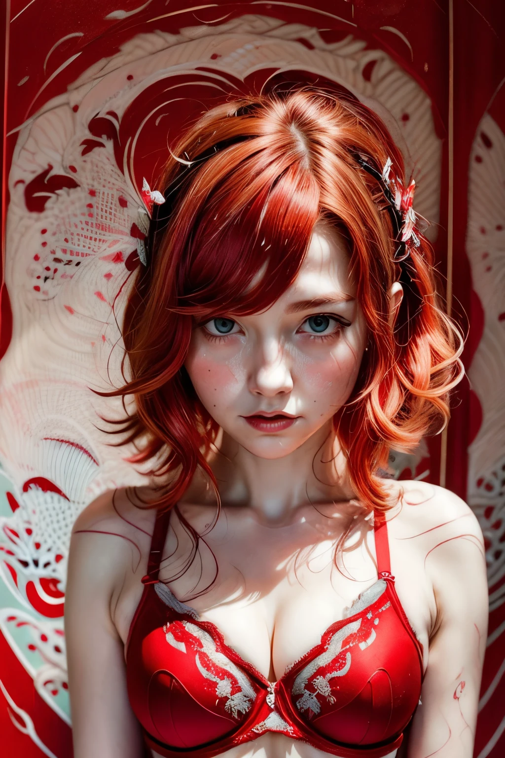 there is a woman with red hair and a bra top on, highly realistic. live cam, sexy look at the camera, she is facing the camera, soft portrait shot 8 k, sweaty 4 k, showing her face, smooth red skin, full pov, shy looking down, cute young redhead girl, close up to a skinny, redhead girl, redhead