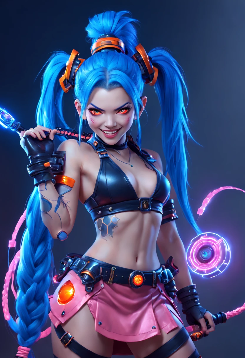 Jinx1024, Game character design，3D character rendering，(((Vector illustration style)))，League of Legends Jinx，((1girl，(Blue double ponytail: 1.5)，Blue braids，Red eyes，big laughter，future warrior，(Pink mechanical skirt: 1.3)，(A luminous magazine is tied around the waist: 1.2)，Decorated with luminous lines and rivets，With streamer effect or LED light embellishment，Hand holding laser cannon、Ion cannon or pulse cannon))，((hair design：Brilliant deep blue，Add some glowing elements，Futuristic headgear such as orange photoelectric glasses or head-mounted display))，((Expression design：Add some glowing lines or orange LED light effects to the facial decoration，Design different facial expressions，Highlight the image of future warriors))，(action design：On the move、When releasing a skill or attacking，Add some special effects and animations，Highlight the sense of future and combat)，((Special effects design：Add cool orange light effects、Electromagnetic wave effect or virtual interface，Enhance the visual impact of skin)), (((standing on your feet，Metal heels: 1.8, Glowing lines or orange LED light effect))), (full body shot of: 1.5)，jinx (league of legends)