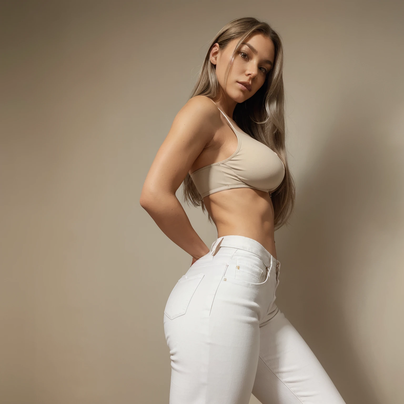 beautiful model posing on a beige background, silver hair, brown eyes, long hair, hourglass waist, wide legs, medium breasts, big buttocks, athletic body, black bra, tight white jeans, profile look, alone