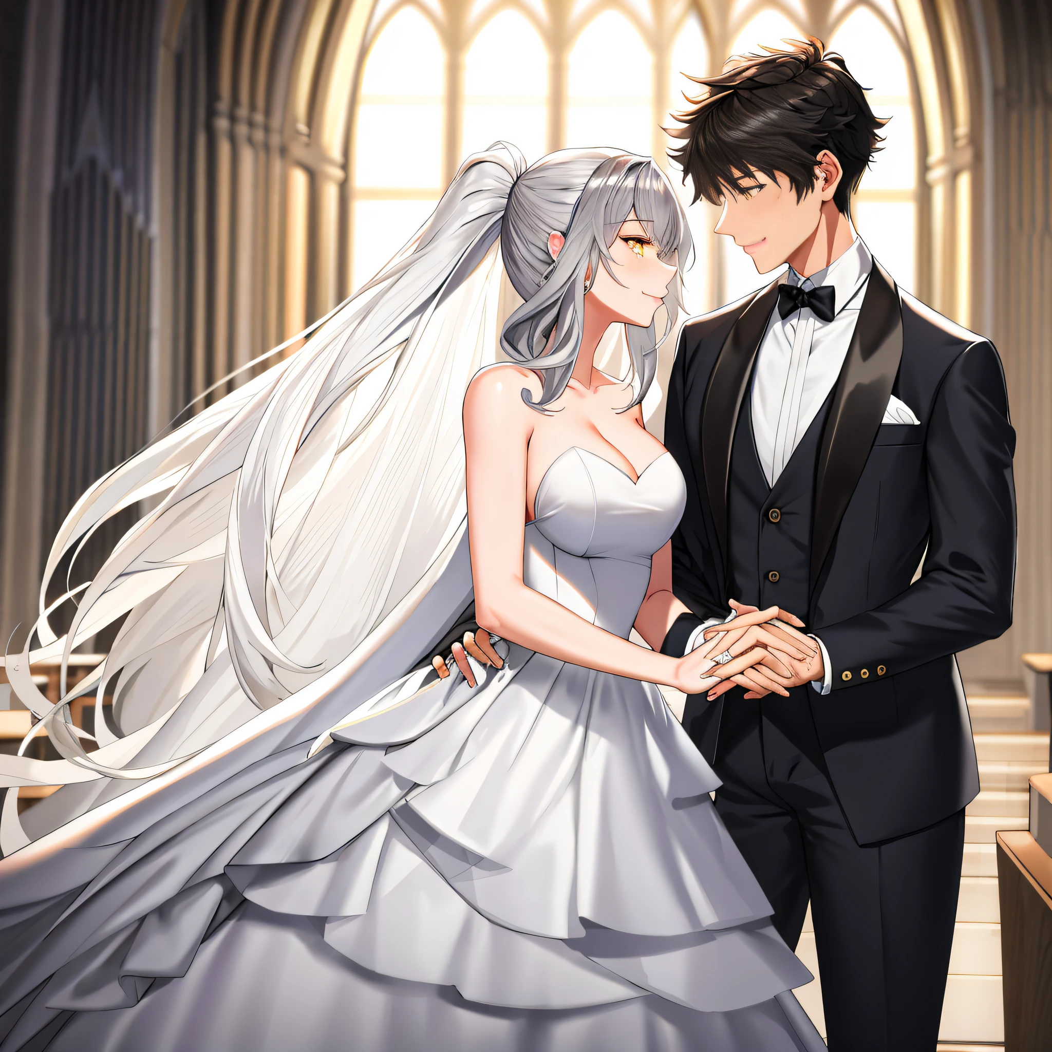 masterpiece, Best quality, masterpiece, Best quality, masterpiece, Best quality, masterpiece, Best quality, high quality, High detail, Ultra detail, HD, 4k, 4280x2240, depth field, (HDR:1.9), Correct anatomy, a masculine boy with short hair black hair abundant brown eyes with full wedding suit from groom to gentleman's suit and Palto flu pants and a girl with very long hair messy hair curly hair wavy hair (((silver hair))) high ponytail with yellow eyes in wedding dress, Dream wedding dress. love. Hand in hand looking at the New Year's sunset sunrise while kissing at church wedding with wedding rings on boy finger and wedding rings on girl finger and smiles, detail, ultra-detail, correct_position, correct_texture, correct_colors, correct_shading, correct_cgi, correct_body, correct_anatomy, correct_proportion, (correct_complete_body), source_anime,score_6_up,score_7_up,score_8_up,score_9,Beautiful eyes,Beatifull_hair, Eyesclothing cutout,garter belt,veil,see-through,wide sleeves,white thighhighs,white leotard,long sleeves,frilled sleeves,frills,bridal veil, detail_eyes, detail_hair, detail_skin, beatifull_detail