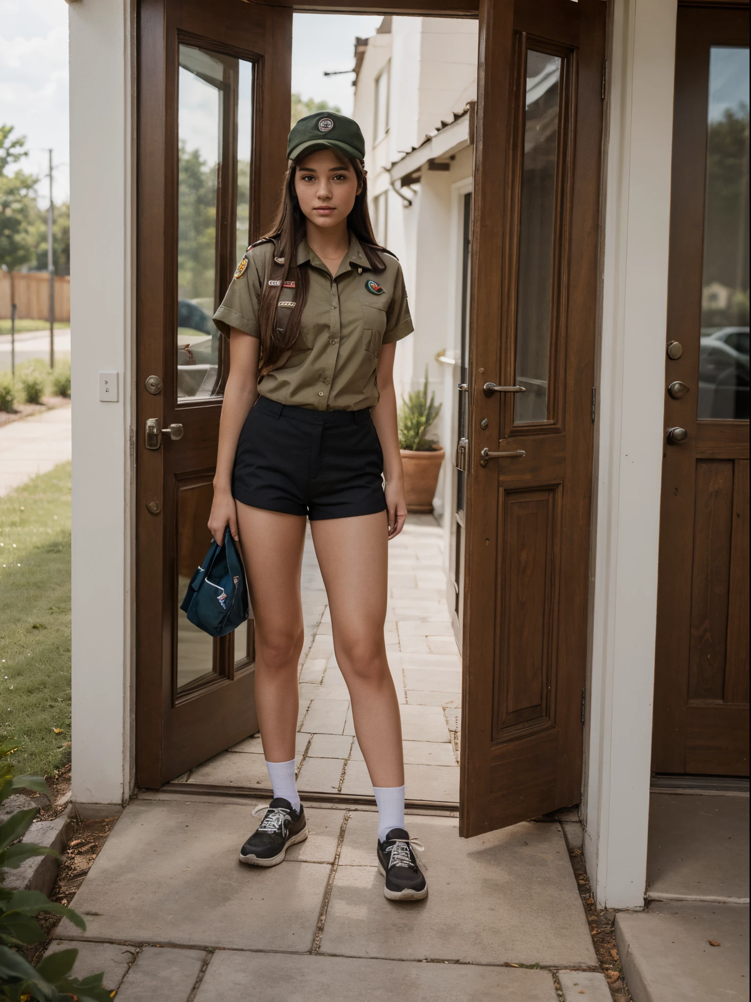(high quality, outdoors, scout uniform),(detailed, photorealistic) girl scout in uniform selling cookies at the front door, a man in shorts opens the door