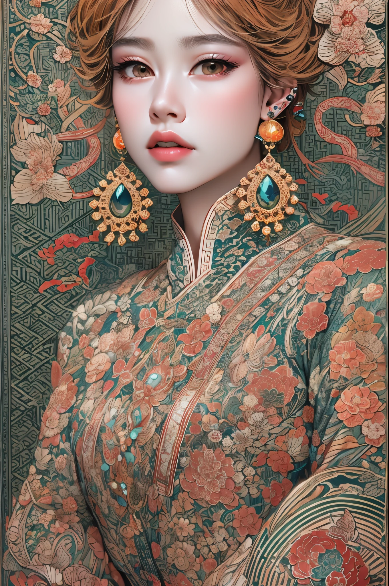 (tmasterpiece,top Quority,best qualtiy,offcial art,Beauty and aesthetics:1.2),(1girl:1.3),The is very detailed,(s fractal art:1.1),(a color:1.1)(blossoms:1.3),Most detailed,( zentangle:1.2), (dynamic pose), (abstract background:1.3), (chinese Traditional cloth:1.2), (shiny skin), (many colors:1.4), ,(earrings:1.4),(Decorative painting:1.6,),