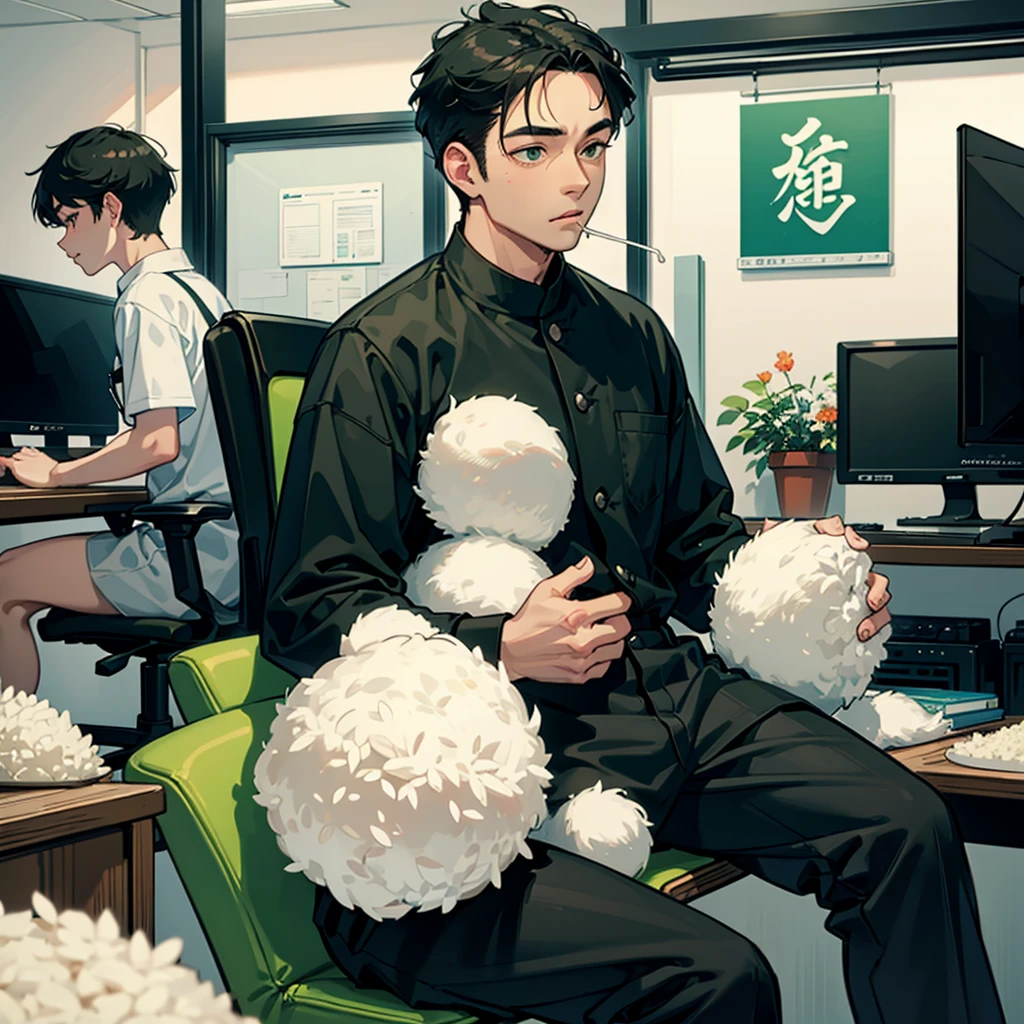 hand hold the rice ball bring to mouth, one black short hair middle aged man, green work clothes, sit down on office chair, PC put on desk. in the factory.
