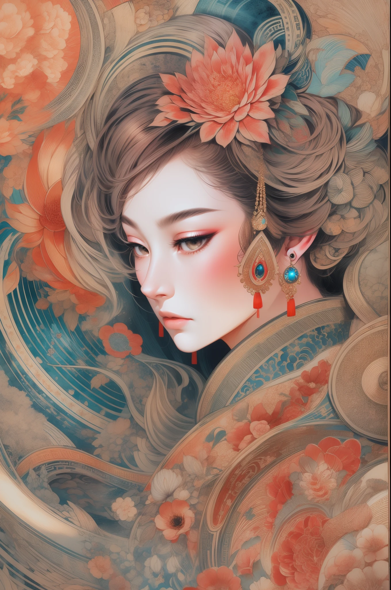 (tmasterpiece,top Quority,best qualtiy,offcial art,Beauty and aesthetics:1.2),(1girl:1.3),The is very detailed,(s fractal art:1.1),(a color:1.1)(blossoms:1.3),Most detailed,( zentangle:1.2), (dynamic pose), (abstract background:1.3), (chinese Traditional cloth:1.2), (shiny skin), (many colors:1.4), ,(earrings:1.4),(Decorative painting:1.6,), illustratio,Ink painting and watercolor,ink,water ink,